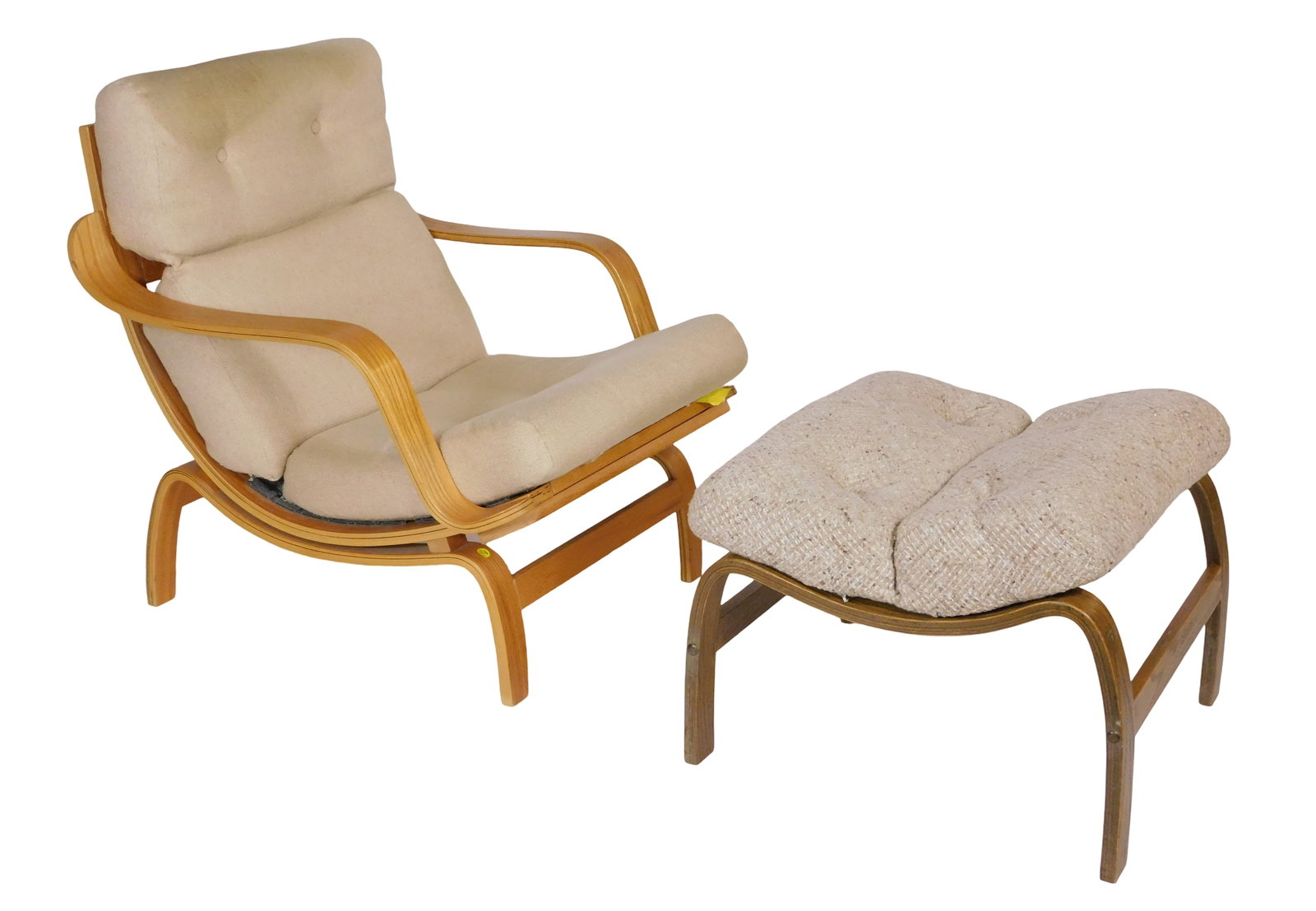 Mid-Century Modern bentwood "Orbit" lounge chair and ottoman by Charlton Co., Massachusetts, part of: Mid-Century Modern bentwood "Orbit" lounge chair and ottoman by Charlton Co., Massachusetts, part of their Century 21 Collection, curved bentwood frame with slat back and armrests, early upholstery li