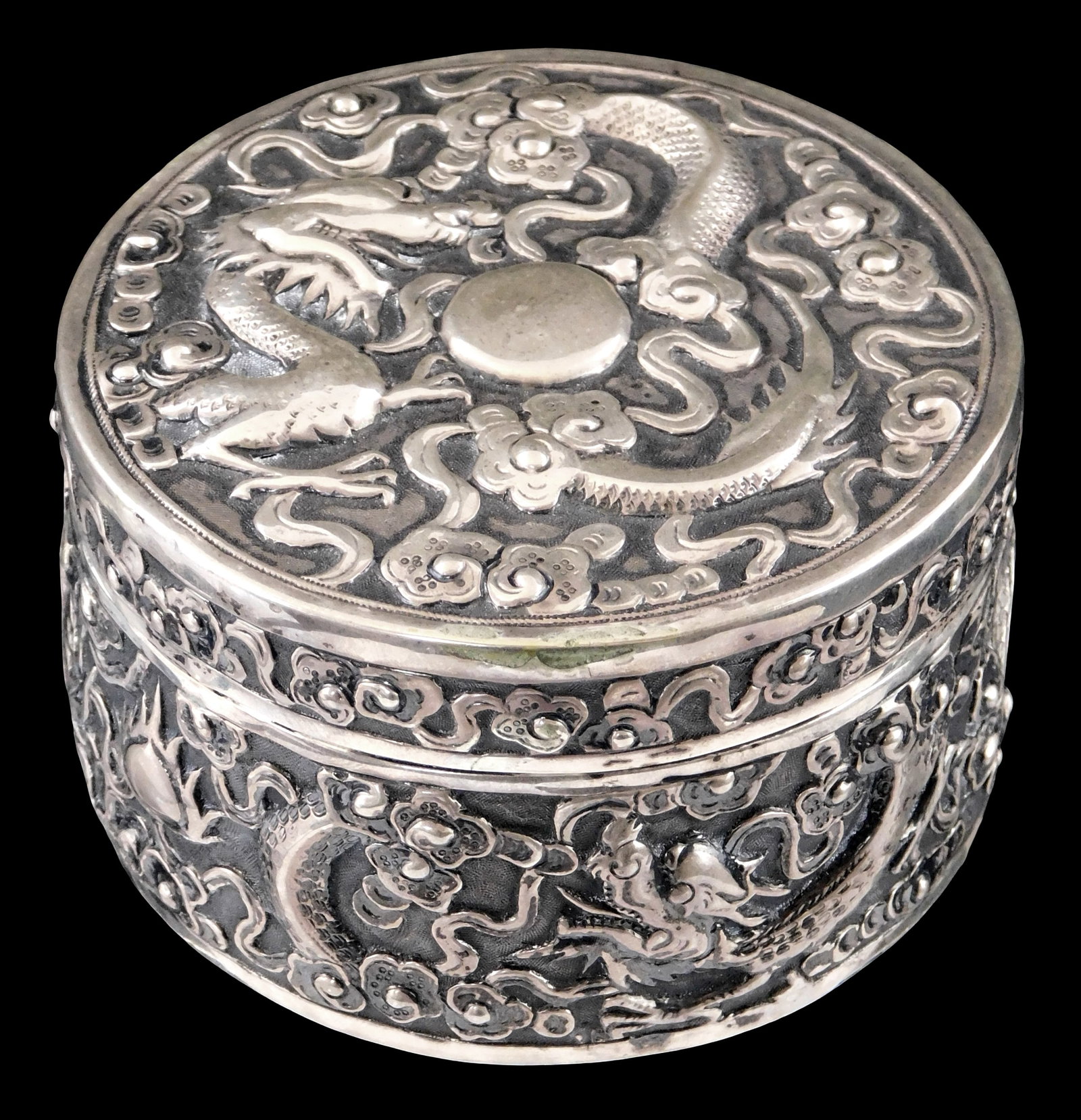 ASIAN: Repousse silver box with dragon design, Chinese, no marks viewed, all over repousse (1 of 3)