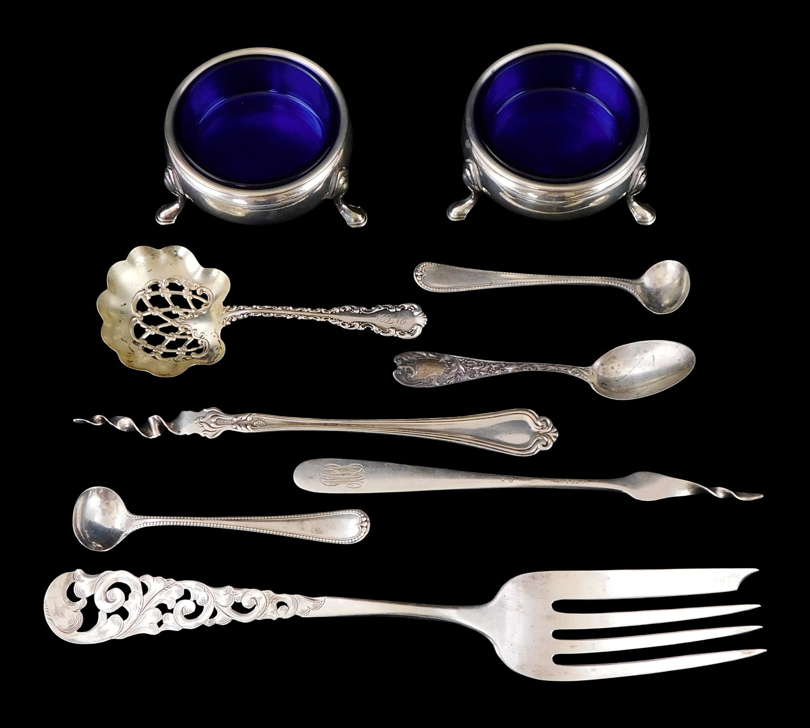 STERLING: Kirk & Son, Alvin, Whiting, etc., nine pieces of servingware, many with ornate decoration, (1 of 3)