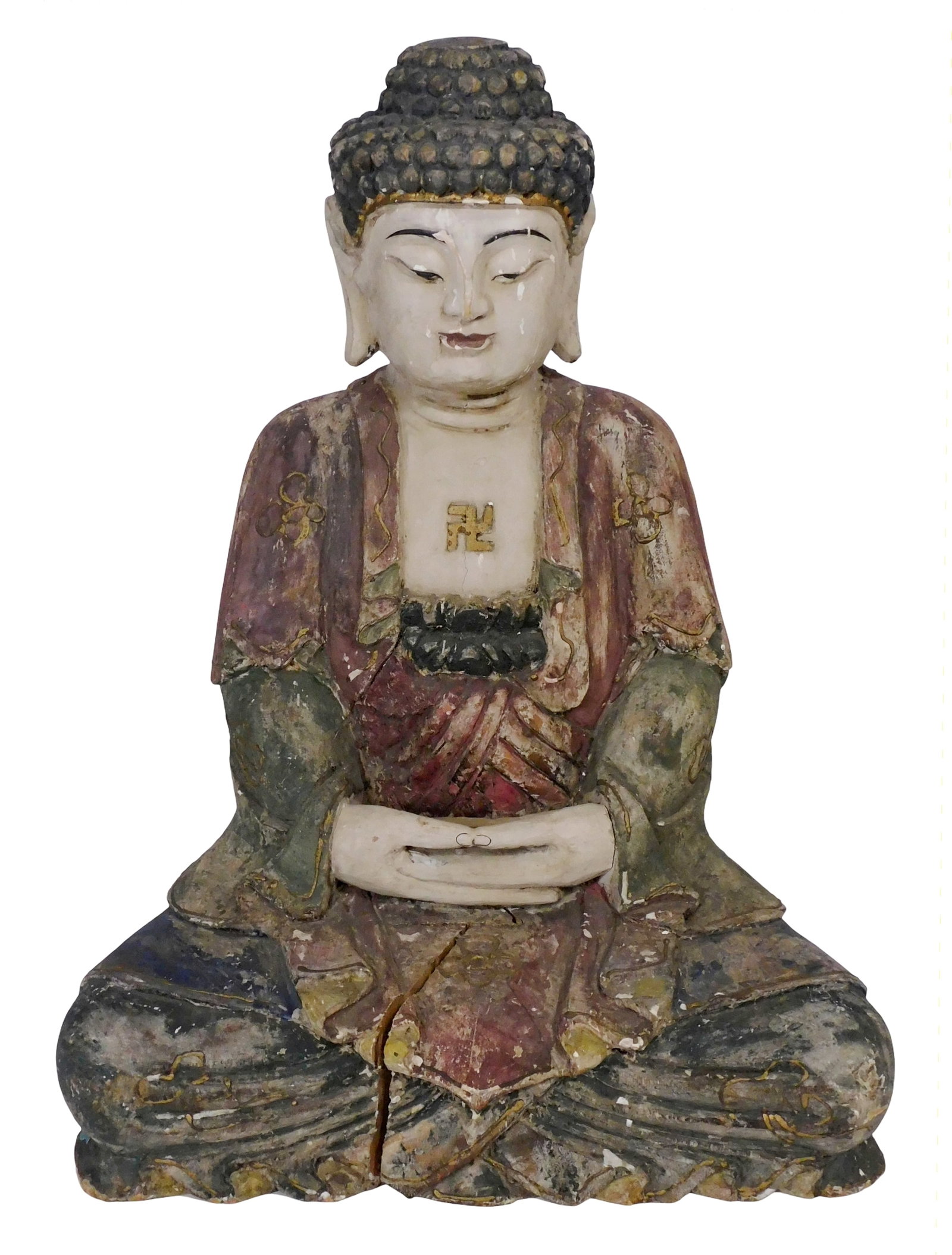 ASIAN: Hand carved wooden Buddha, heavy solid construction, polychrome painted finish with gilt: ASIAN: Hand carved wooden Buddha, heavy solid construction, polychrome painted finish with gilt accents, seated meditating form with hands clasped facing up, no marks viewed, wear consistent with age 