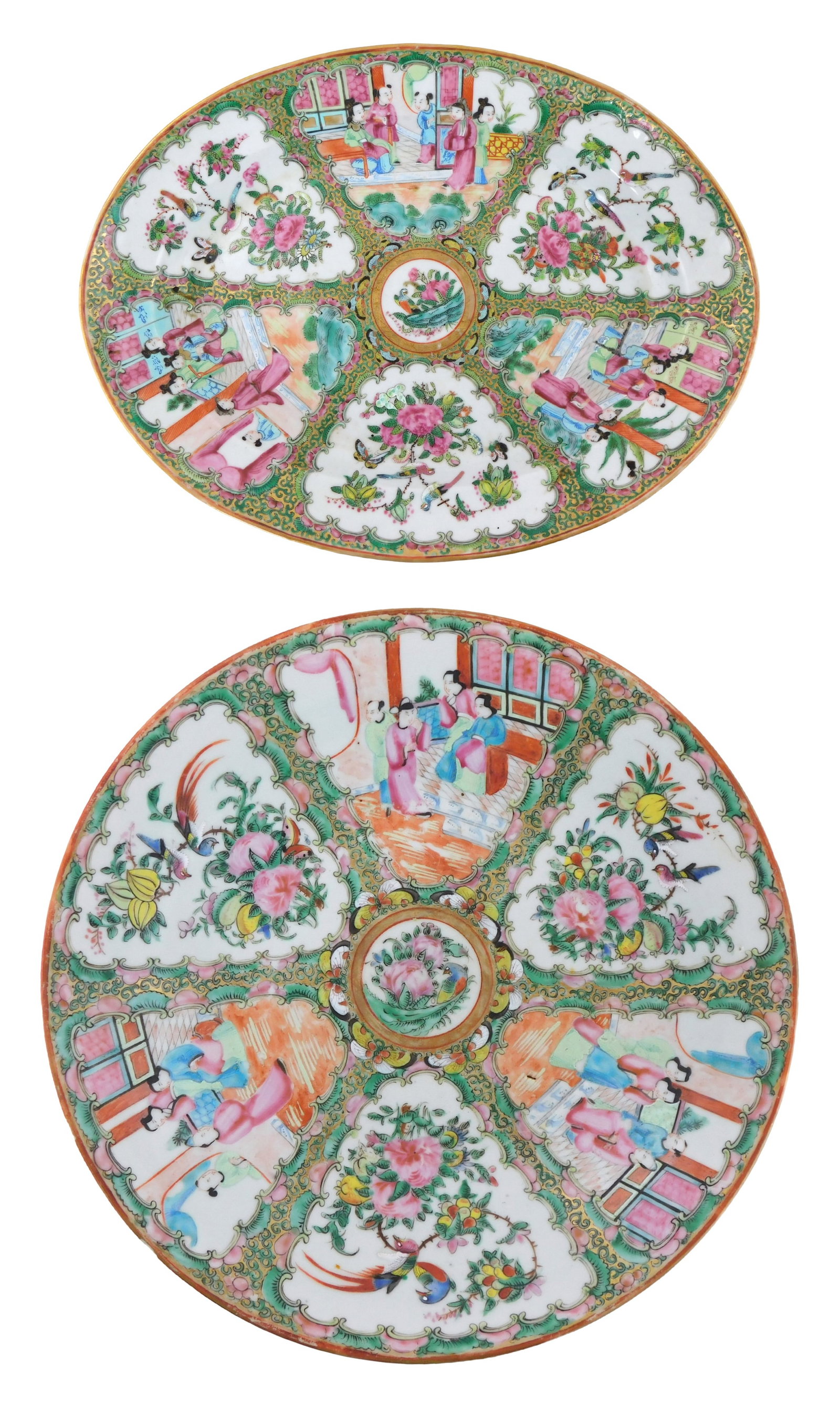 ASIAN: Two 19th C. Chinese Export Famille Rose chargers ("Rose Mandarin" pattern), details include: (1 of 3)