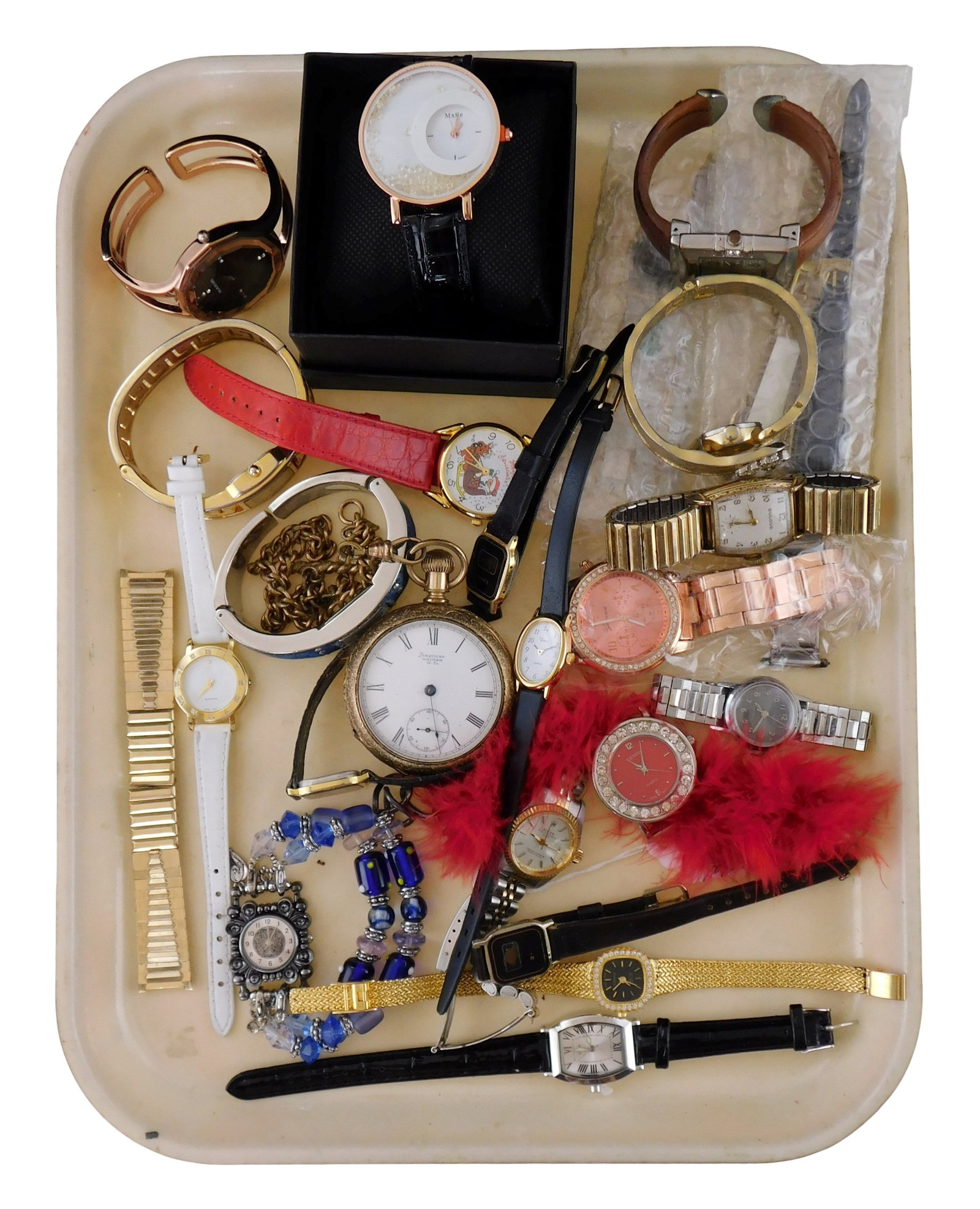 COSTUME JEWELRY: 20+ Fashion wristwatches, signed faces include Rolex, Bulova, Geneva, etc., not (1 of 3)