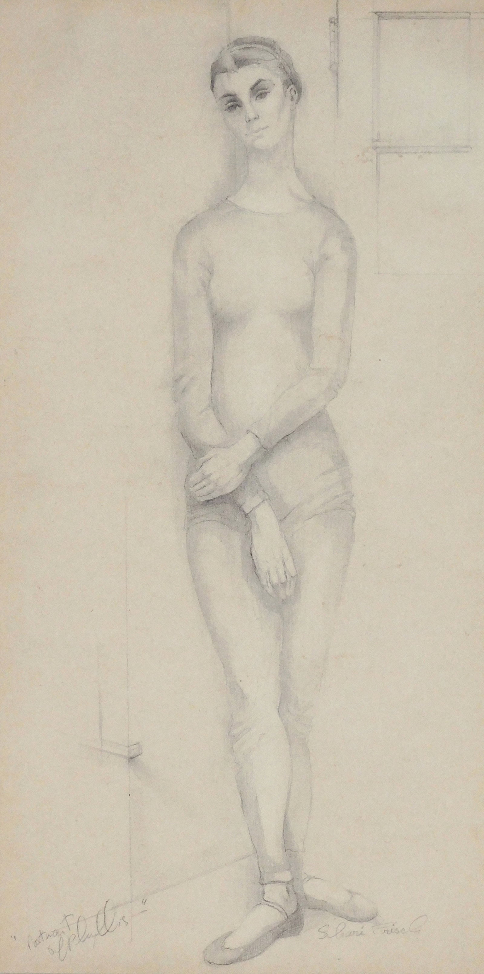 Shari (Frisch) De Miskey (American, b. 1927.), "Portrait of Phyllis", pencil drawing, depicts: Shari (Frisch) De Miskey (American, b. 1927.), "Portrait of Phyllis", pencil drawing, depicts standing ballet dancer, framed and matted behind glass, not examined out of frame, condition consistent wi