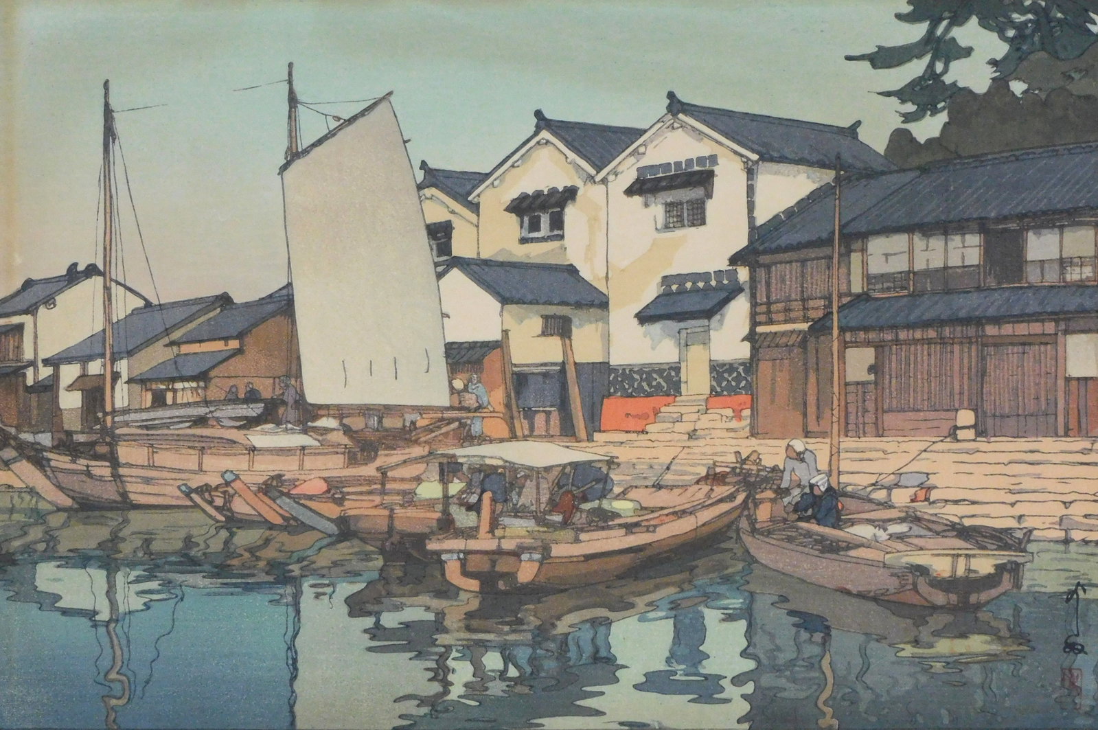 ASIAN: Hiroshi Yoshida (Japanese 1876-1950), "Kura in Tomonoura", 1930, color woodblock, harbor view: ASIAN: Hiroshi Yoshida (Japanese 1876-1950), "Kura in Tomonoura", 1930, color woodblock, harbor view with buildings in background, pencil signed lower right, label from japan verso, condition consiste