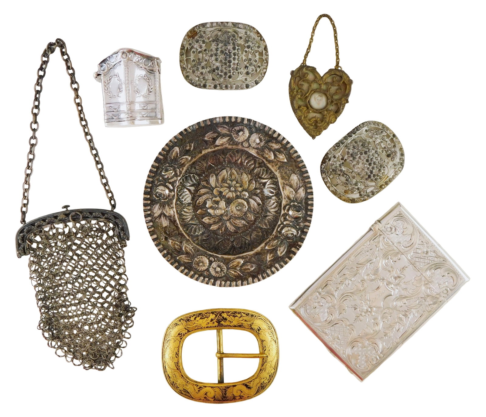 LADIES ACCESSORIES: Eight pieces, five stamped "sterling" or tested silver, details include: card (1 of 3)
