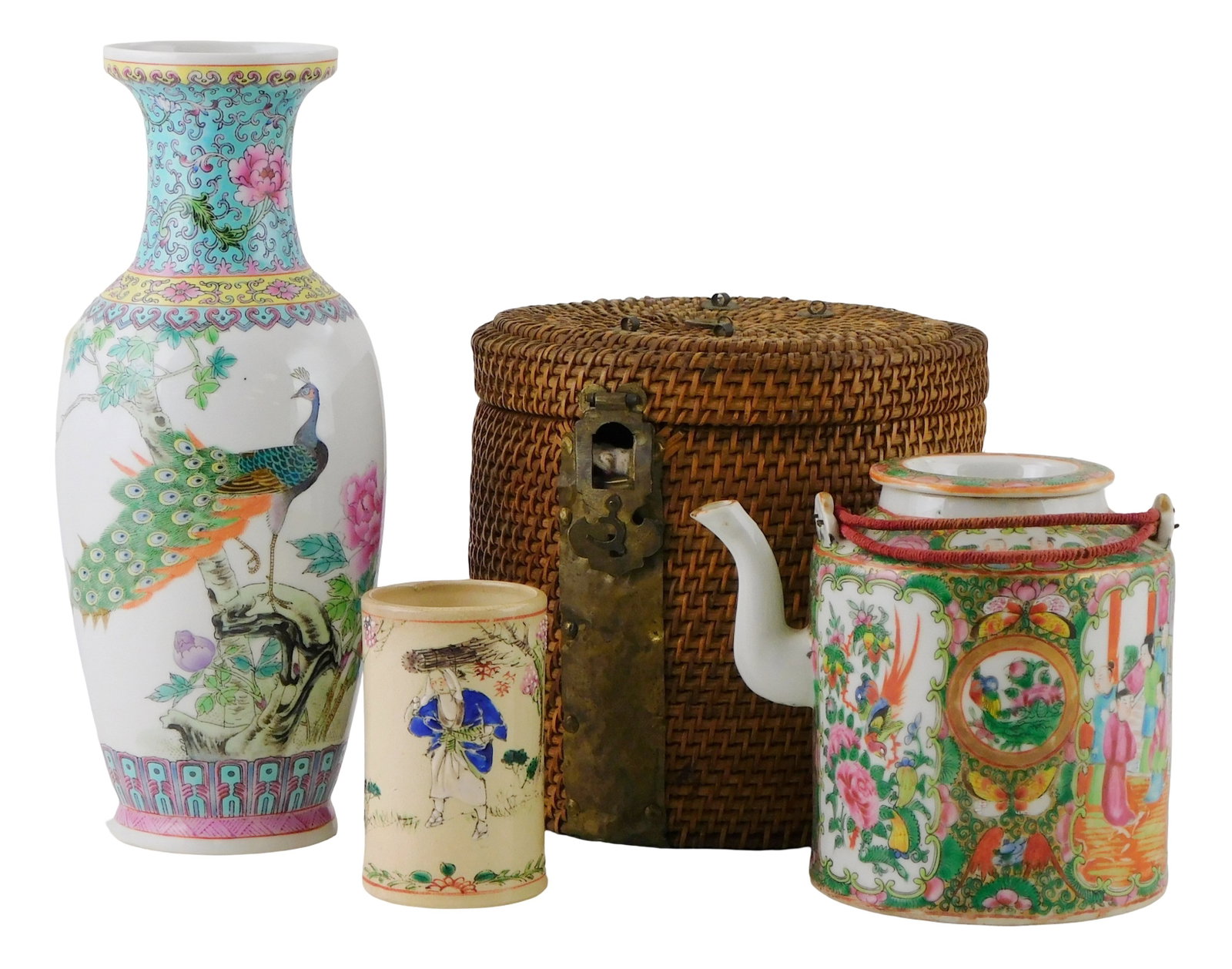 ASIAN: Chinese porcelain, three pieces,including: 19th C. export teapot with travel basket, "Rose (1 of 6)