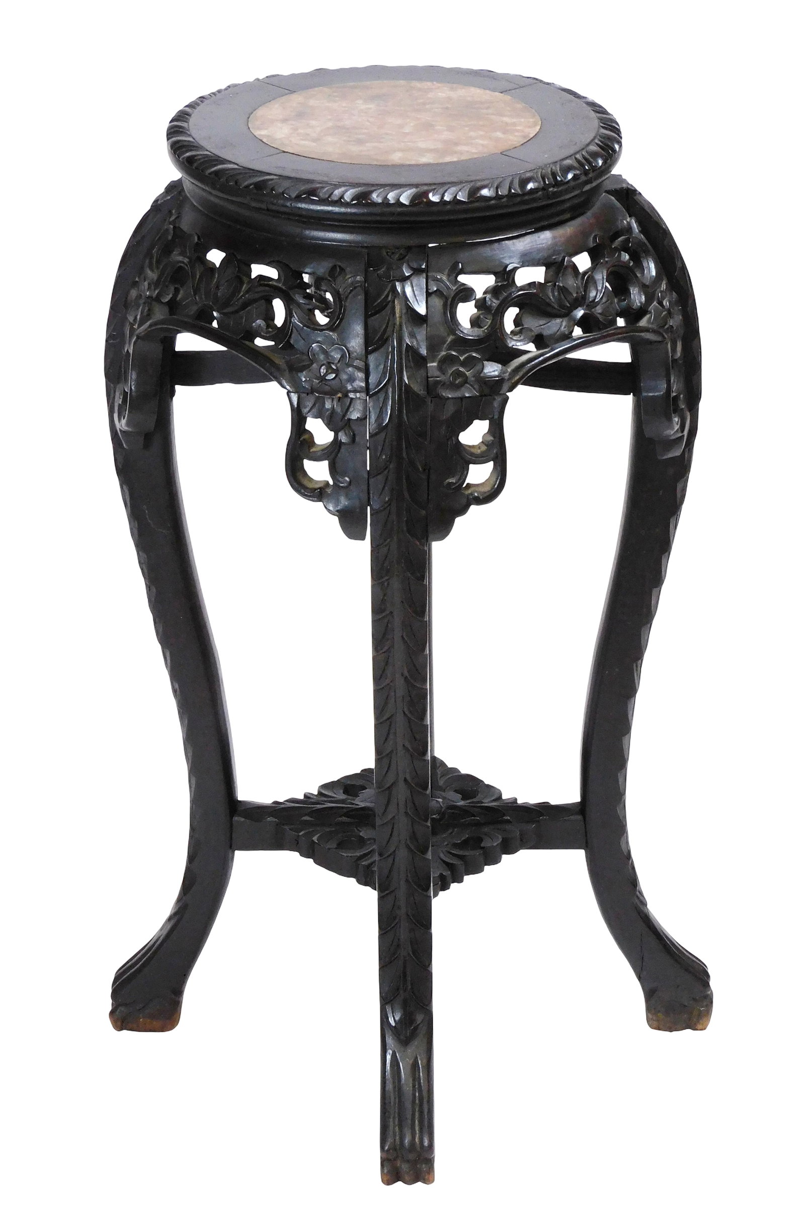 ASIAN: Carved Chinese marble top stand, late 19th/ early 20th C., round top with inset marble, (1 of 3)