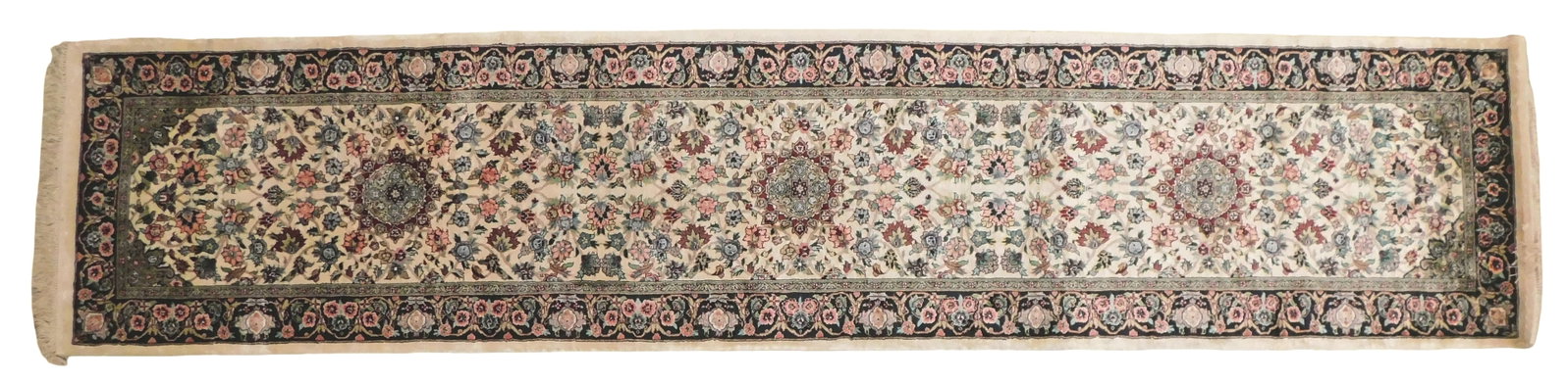 RUG: Art Silk Tabriz runner, 2' 7" x 12', navy border, cream ground, overall floral spray design, (1 of 2)