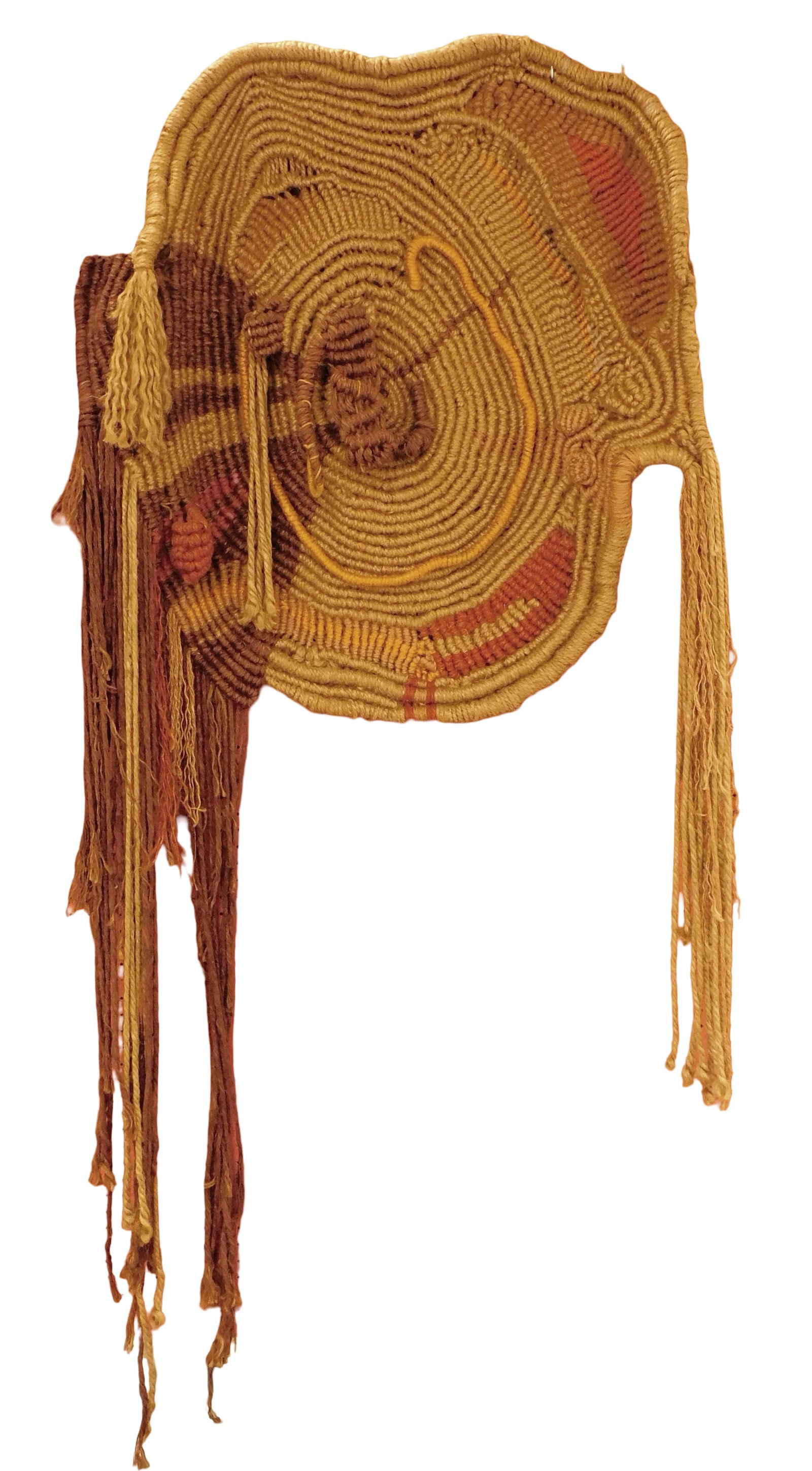 FIBER ART: Mid-Century Modern macrame wall hanging, mid to late 20th C., natural and dyed jute in (1 of 2)