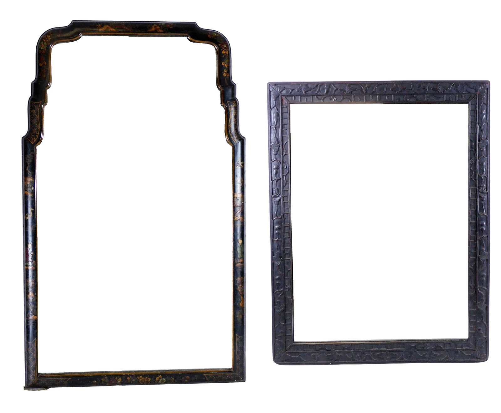 ASIAN: Two wall mirrors, 20th C., including: black lacquer shaped mirror with figural, floral, and: ASIAN: Two wall mirrors, 20th C., including: black lacquer shaped mirror with figural, floral, and landscape details, scattered scratches to finish, overall: 36 ½" h. x 22 ¼" w.; and carved 