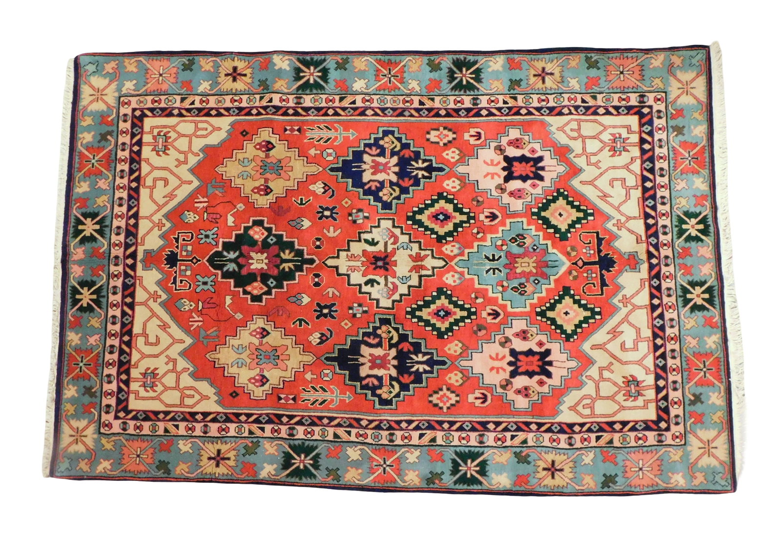 RUG: Oushak, 5' 9" x 8' 9", wool on cotton, robins egg blue border, red ground, tribal style design (1 of 2)