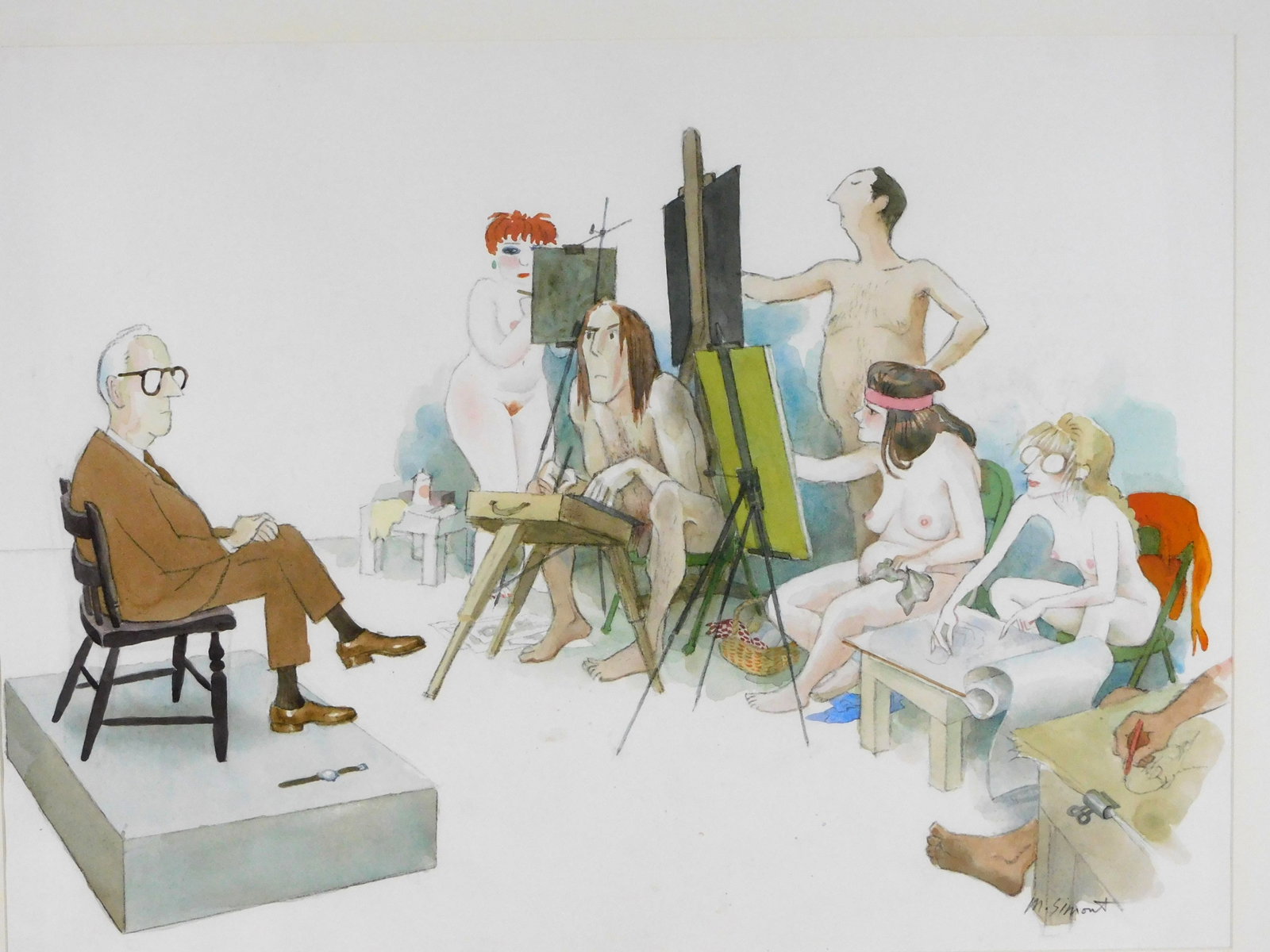 Marc Simont (American, 1915-2013), untitled (comedic art studio), 20th C., watercolor on paper, (1 of 4)