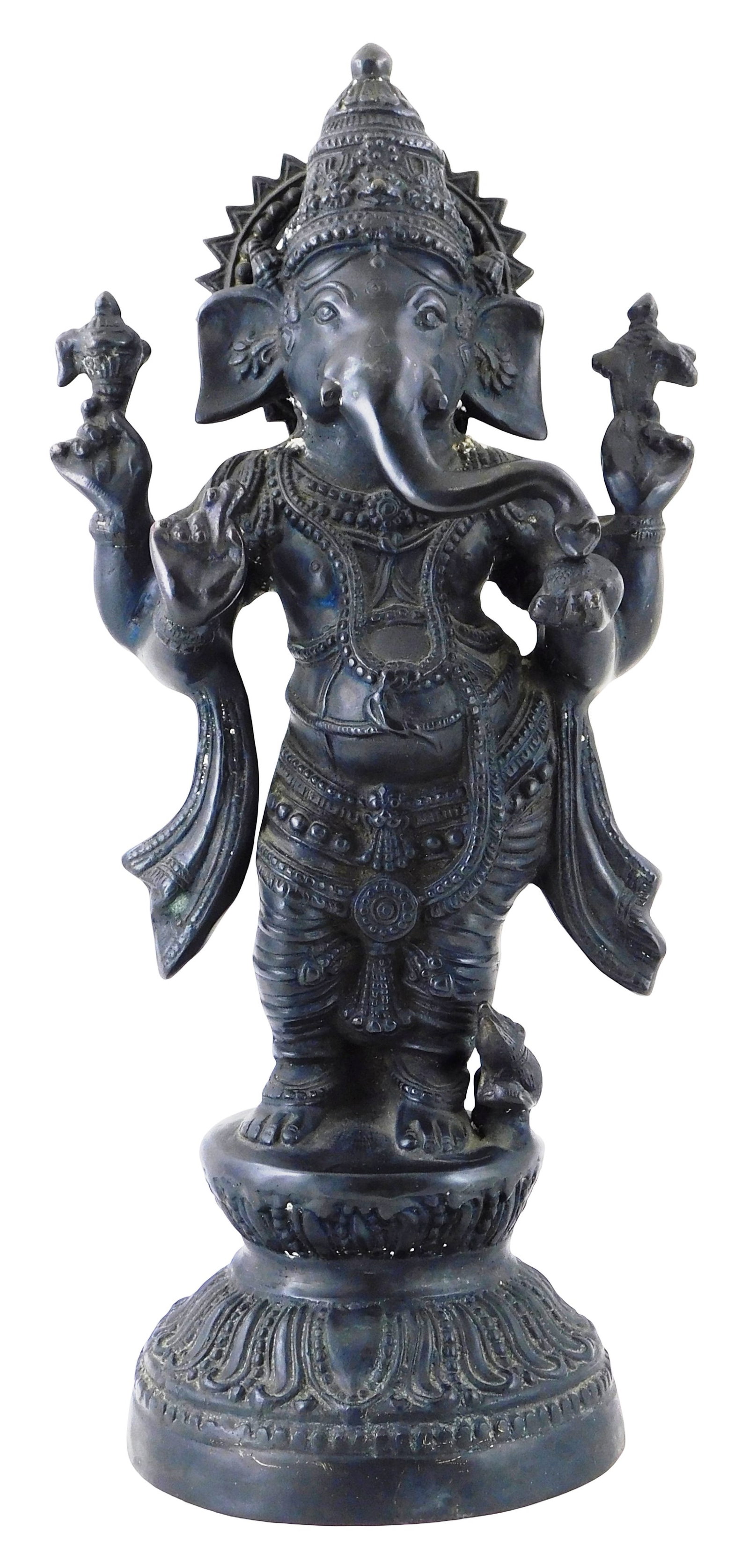 ASIAN: Hindu Ganesha statue, contemporary, cast metal in black finish, wearing war armor holding up: ASIAN: Hindu Ganesha statue, contemporary, cast metal in black finish, wearing war armor holding up four different objects, no marks viewed, wear consistent with age, scattered minor scratches, 19" h.