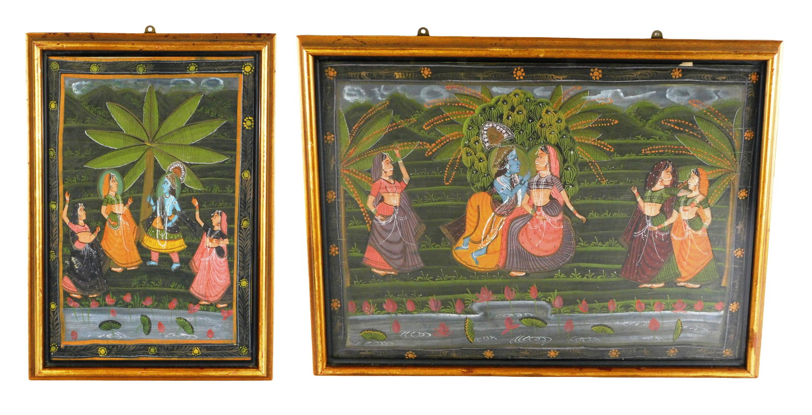 ASIAN: Two framed Indian paintings, late 19th - mid 20th C., group portraits (krishna), areas of (1 of 5)
