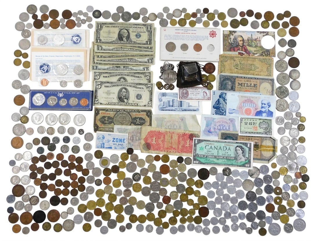 COINS: Balance of coin collection, includes: eight $1 silver certificates, two $5 silver: COINS: Balance of coin collection, includes: eight $1 silver certificates, two $5 silver certificates; approximately 4 pounds of world coins including a few silver coins; three US war nickels; four 19