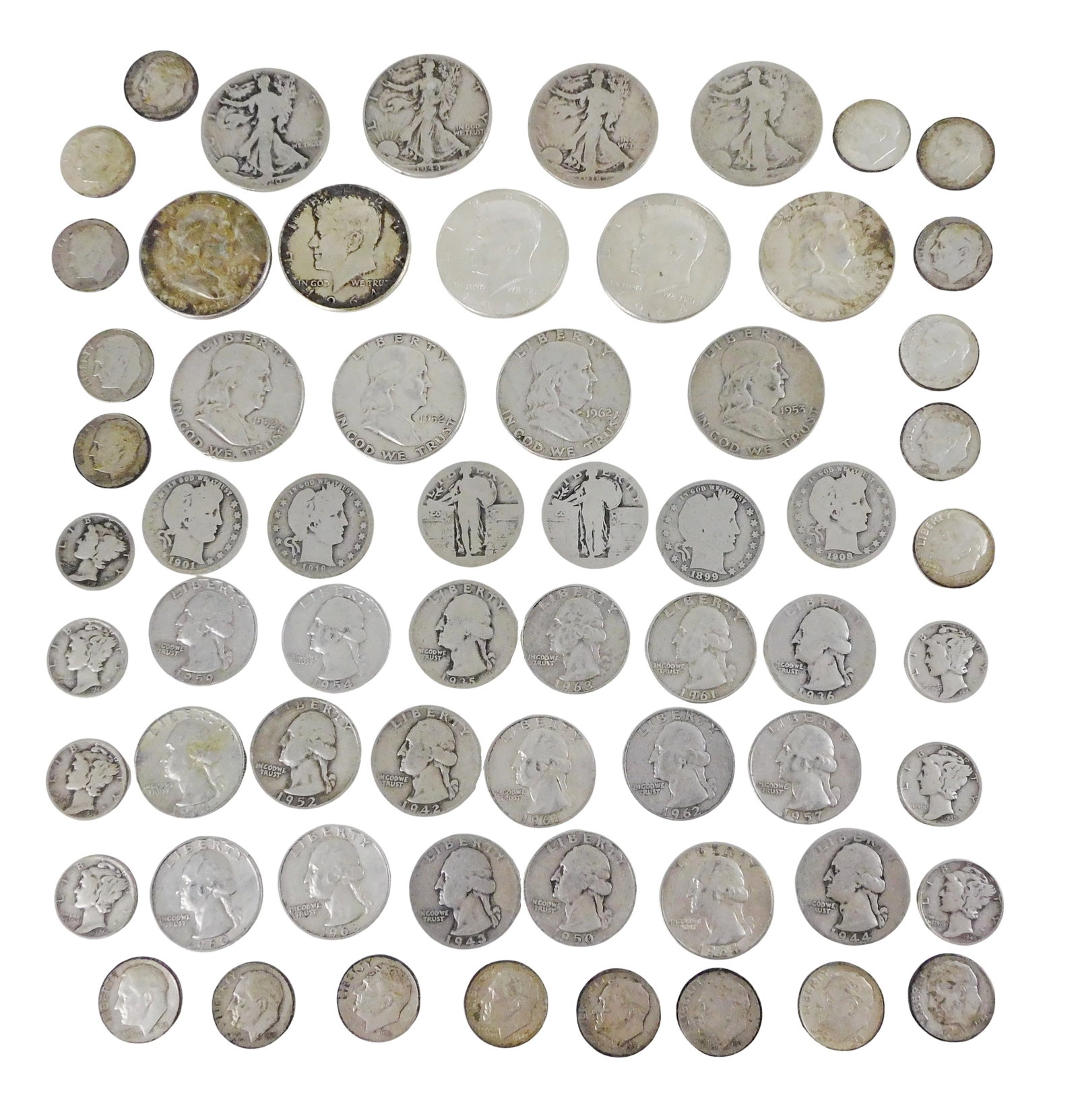 COINS: Lot of US 90% silver coins, includes dimes, quarters and half dollars, some Barber quarters, (1 of 2)