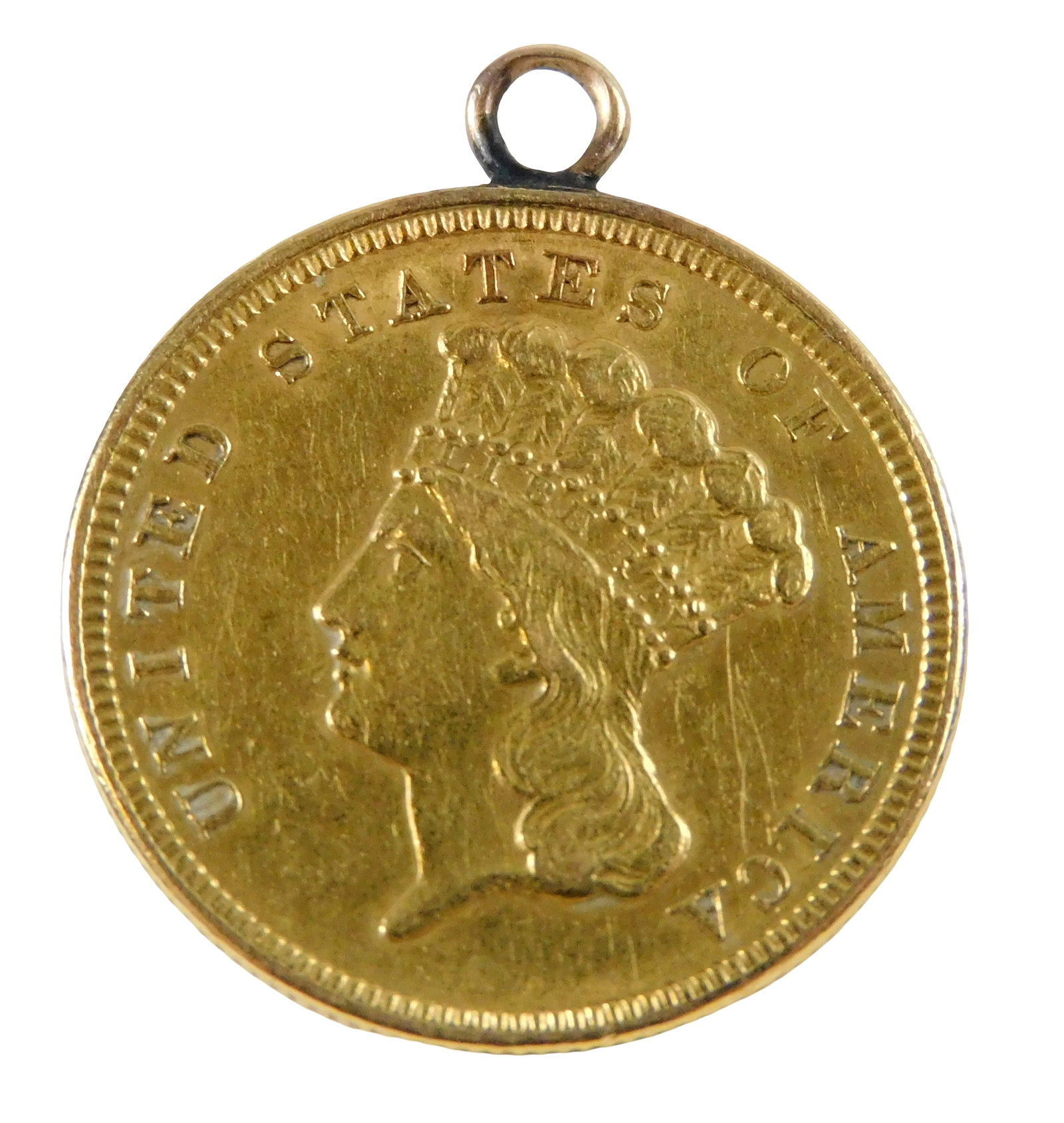 COIN: 1854 United States $3 gold coin, Extremely Fine details, loop attached with solder for using (1 of 3)