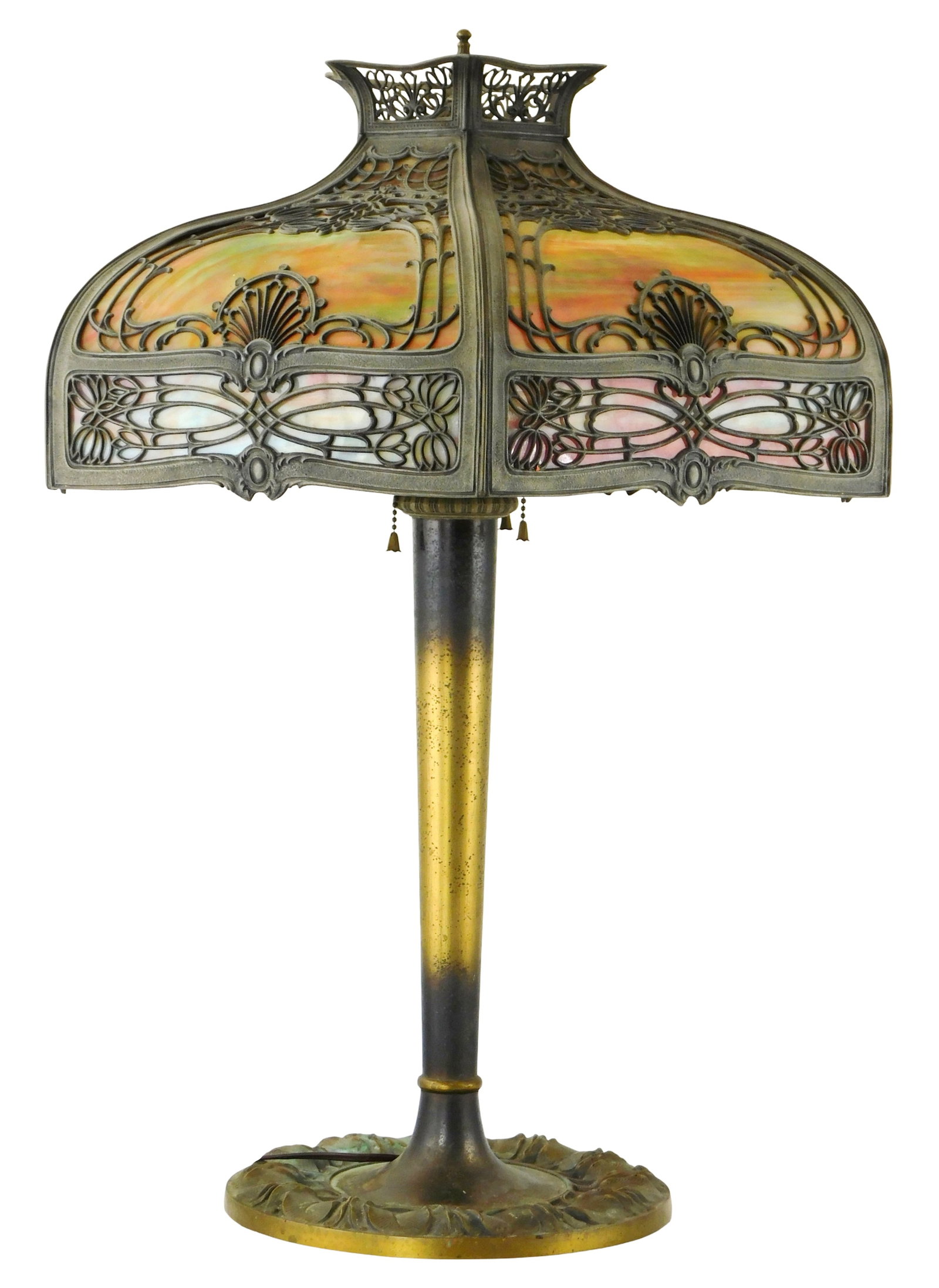 Edward Miller & Co. slag glass table lamp, early 20th C., Meriden Connecticut, sunset color (1 of 4)