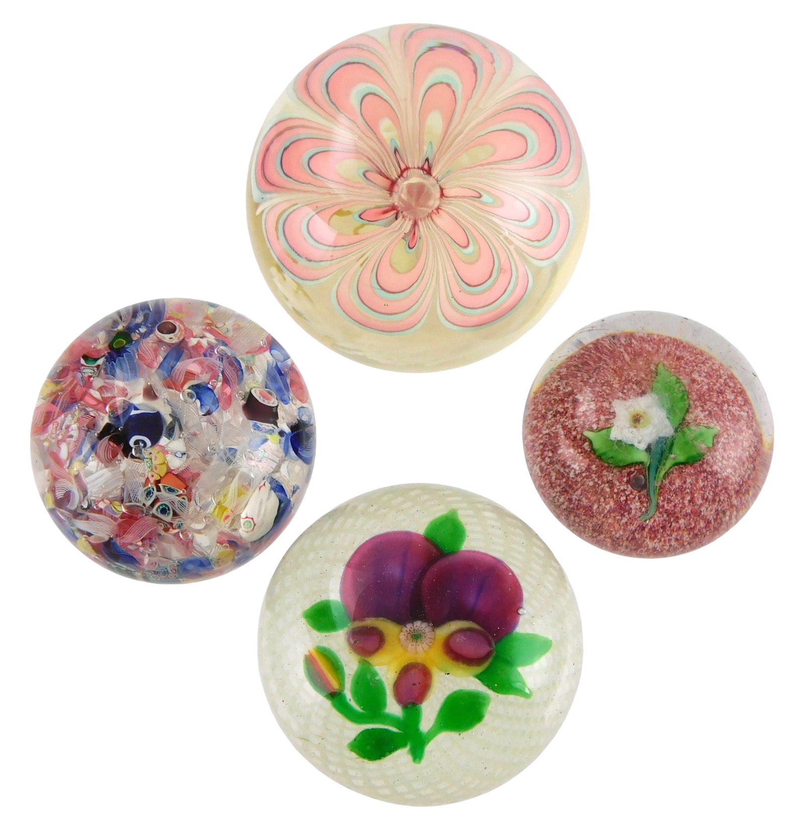 ART GLASS: St. Louis type, etc., four paperweights, 19th-20th C., no signatures viewed, details: ART GLASS: St. Louis type, etc., four paperweights, 19th-20th C., no signatures viewed, details include: clear round "Double Clematis" design over red jasper base appears to be by St. Louis, no signat