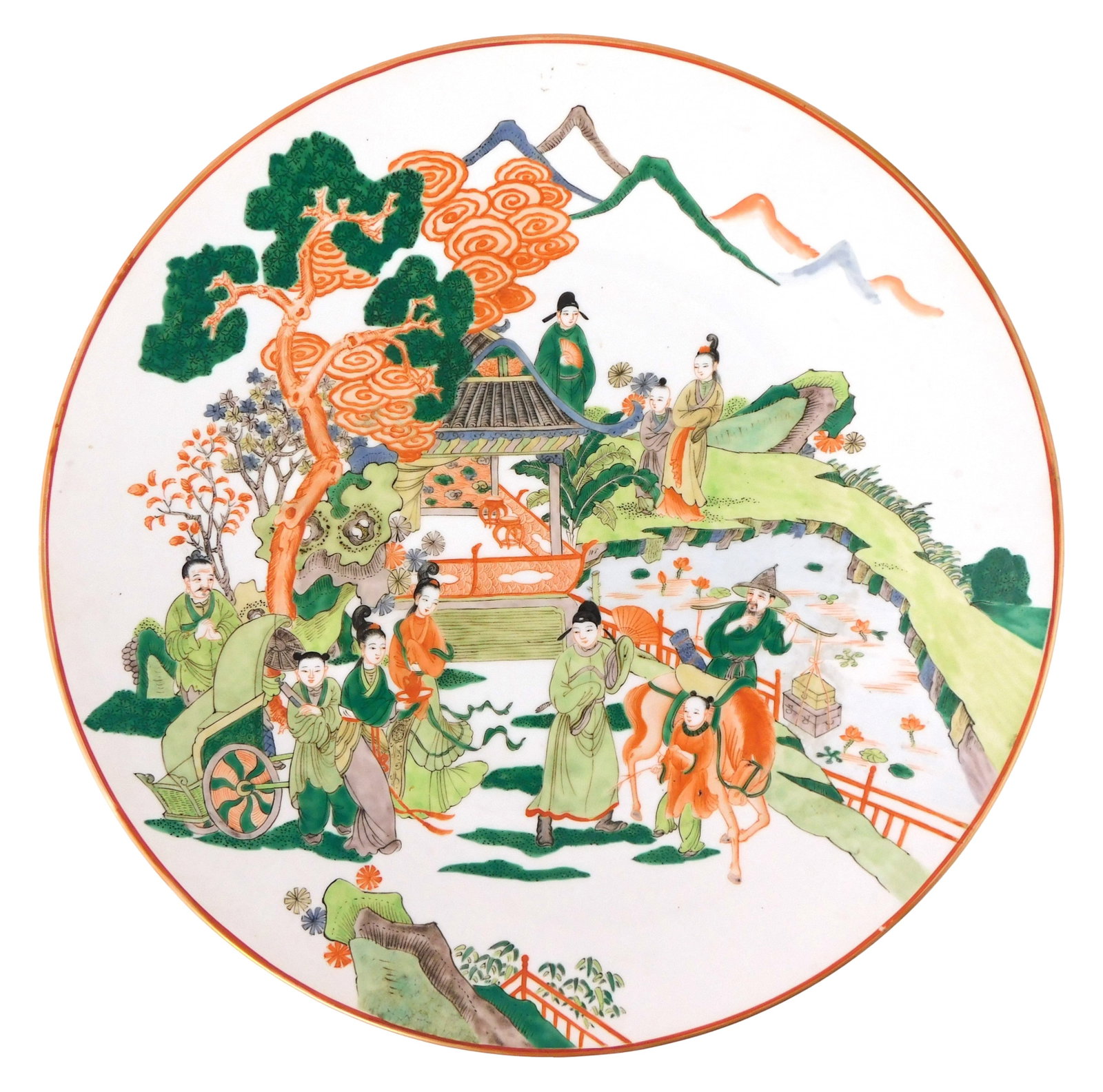ASIAN: Large Chinese export famille verte charger, late 19th- early 20th C., polychrome hand painted (1 of 5)