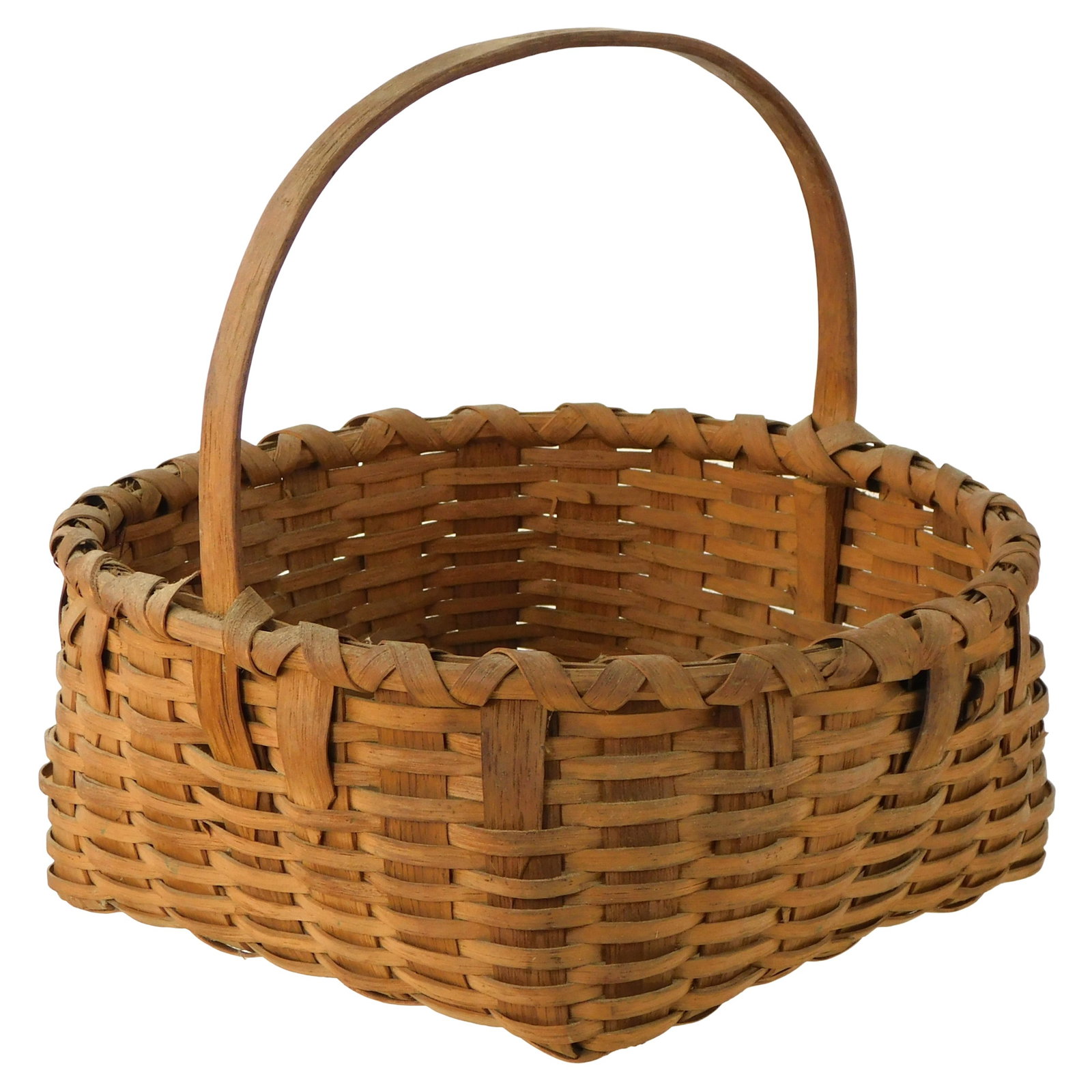 Taconic, N.Y. woven splint basket, American, 19th/ early 20th C., ash, fixed handle, ink inscription: Taconic, N.Y. woven splint basket, American, 19th/ early 20th C., ash, fixed handle, ink inscription to handle appears to be "Mabel Porter" and signed on base "W. S. Porter", likely owner signature, b