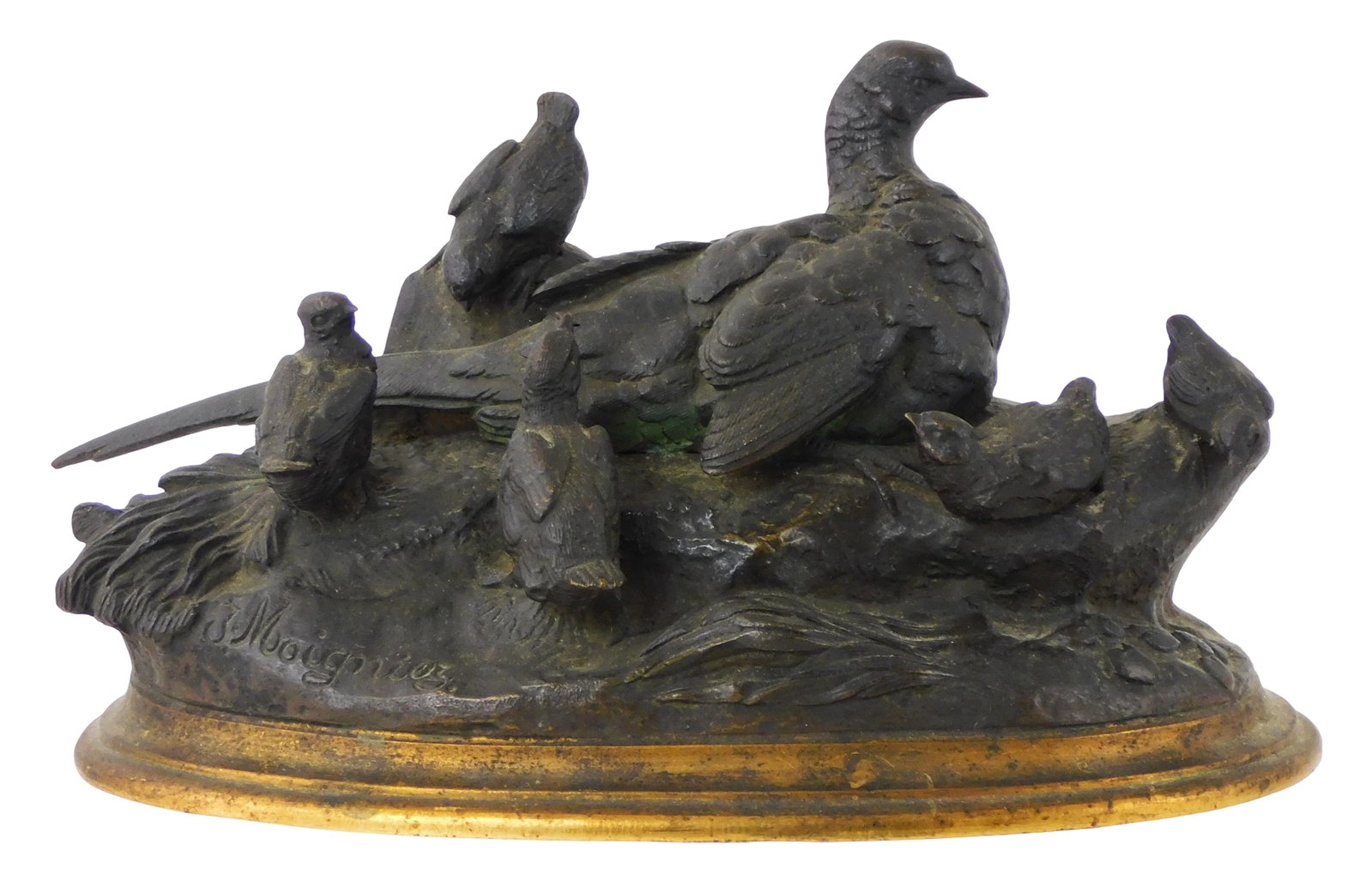 SCULPTURE: Jules Moigniez (French 1835-1894), "Birds and Chicks", 19th C., depicts mother quail (1 of 3)