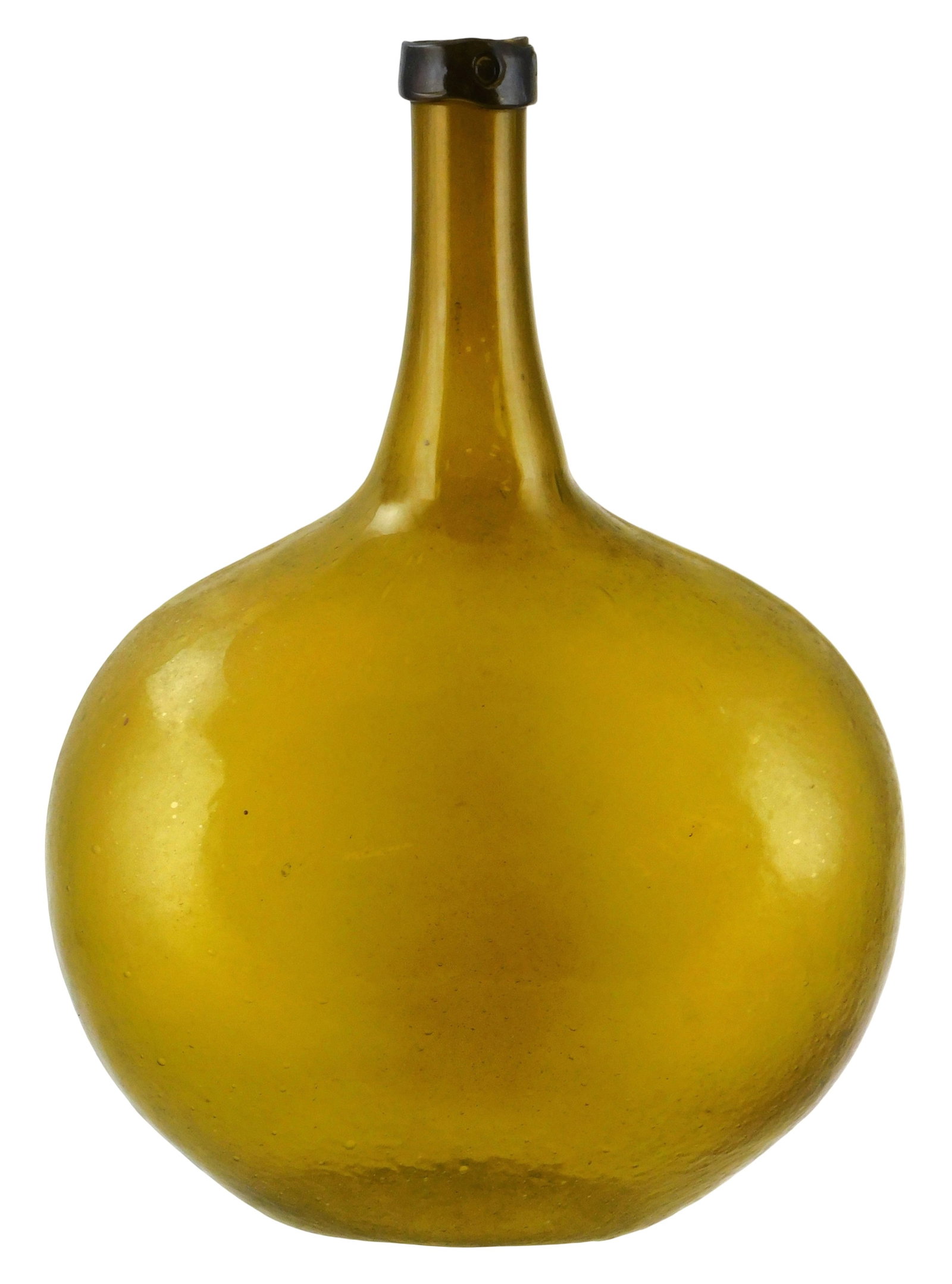 GLASS: Small olive demijohn bottle, 18th-19th C., likely New England, mold blown, whittled glass (1 of 3)