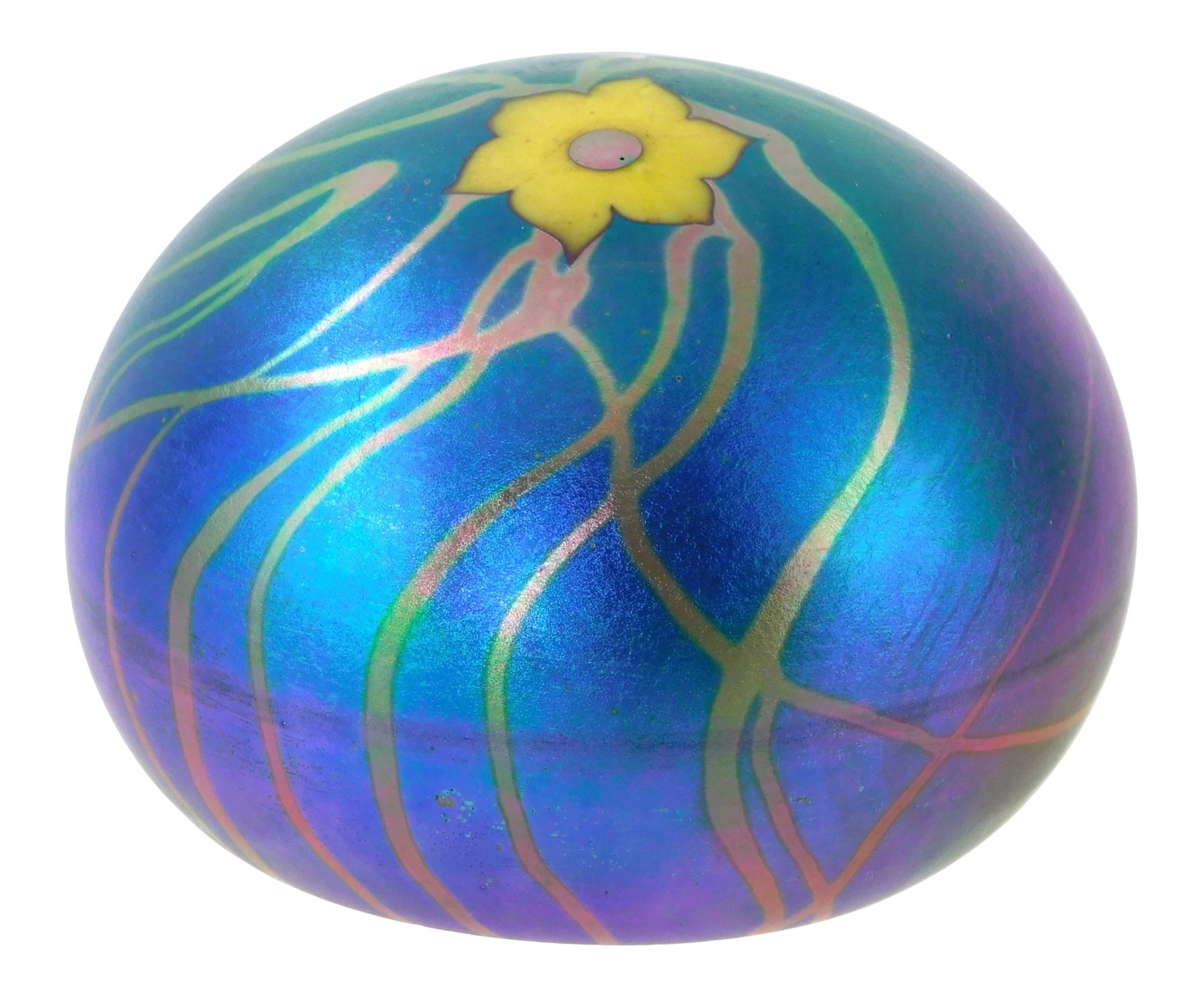 ART GLASS: Steven Lundberg Studios signed paperweight, 1974, iridescent round with yellow blossom (1 of 3)