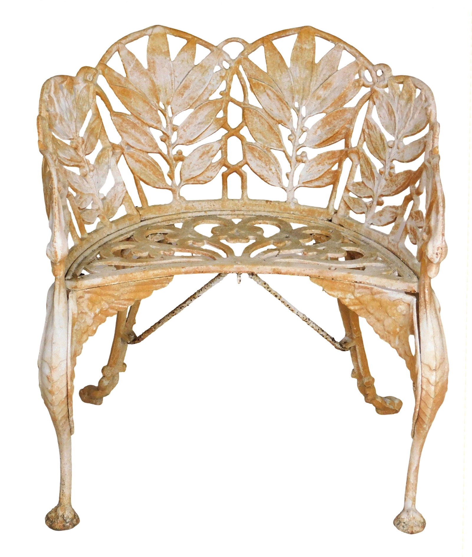GARDEN: Hart 'Laurel' leaf pattern cast iron garden chair, early 20th C., United States, demilune (1 of 4)