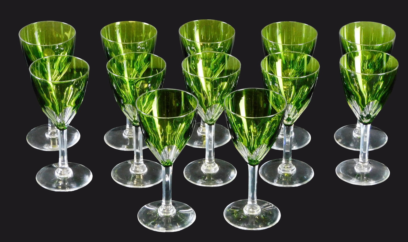 GLASS: Twelve Baccarat 'Genova' style cut to clear wine glasses, 20th C., unsigned, all with green (1 of 3)