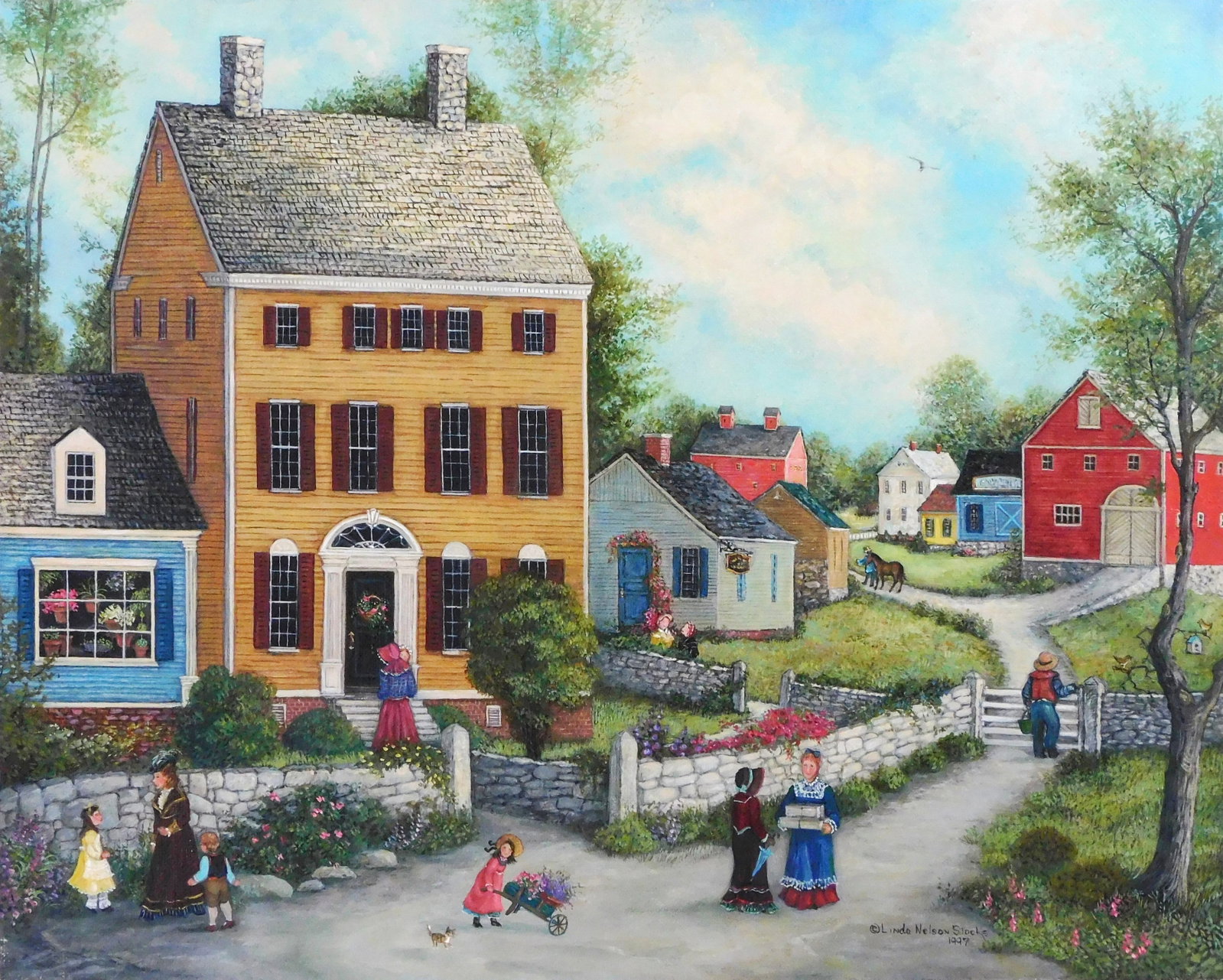 Linda Nelson Stocks (American, 1938-2011), "Country Village", 1997, oil on archival canvas, signed (1 of 5)