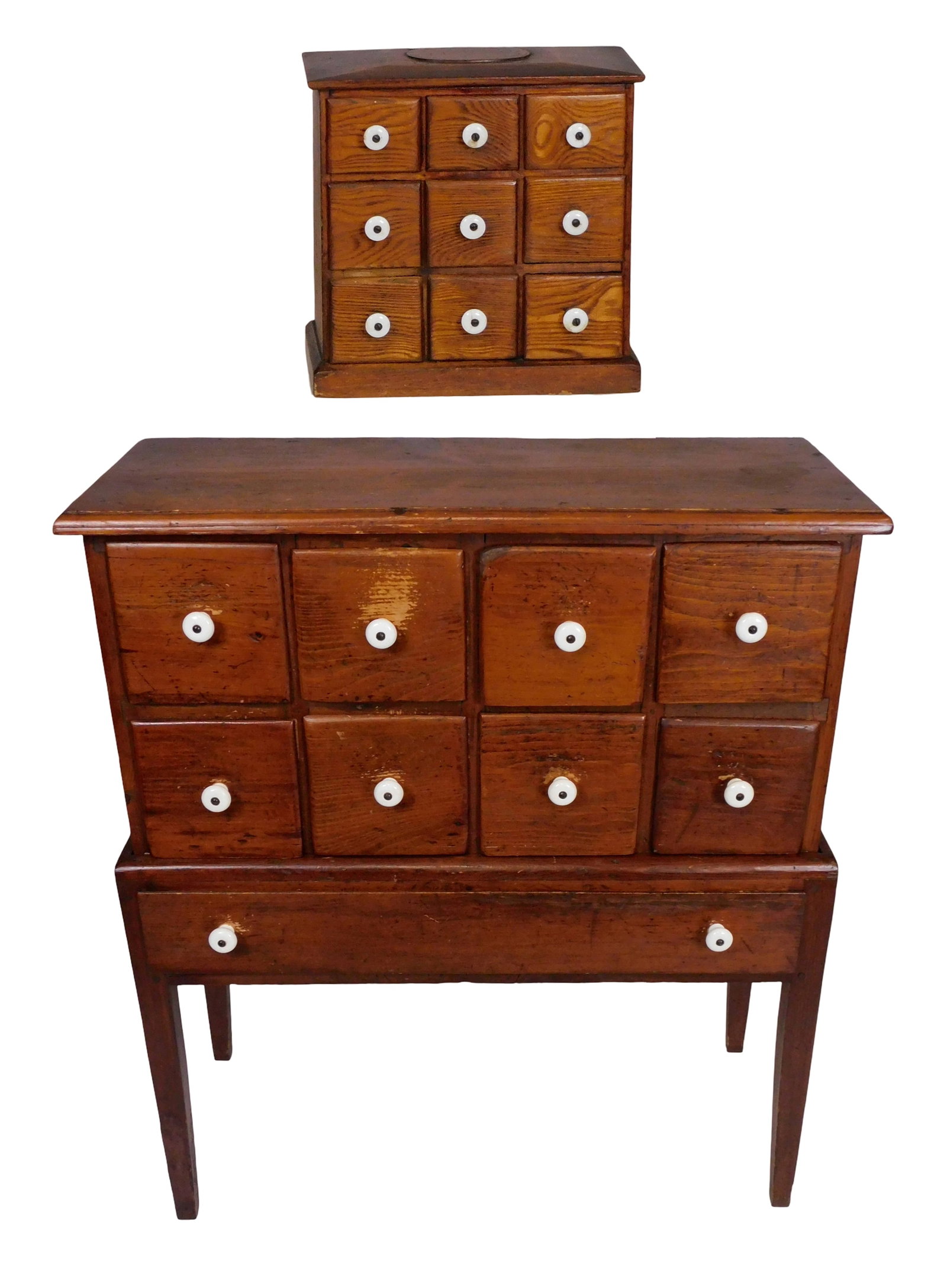 Two apothecary chests, one tabletop and one on stand, late 19th- early 20th C., American, pine, both (1 of 8)