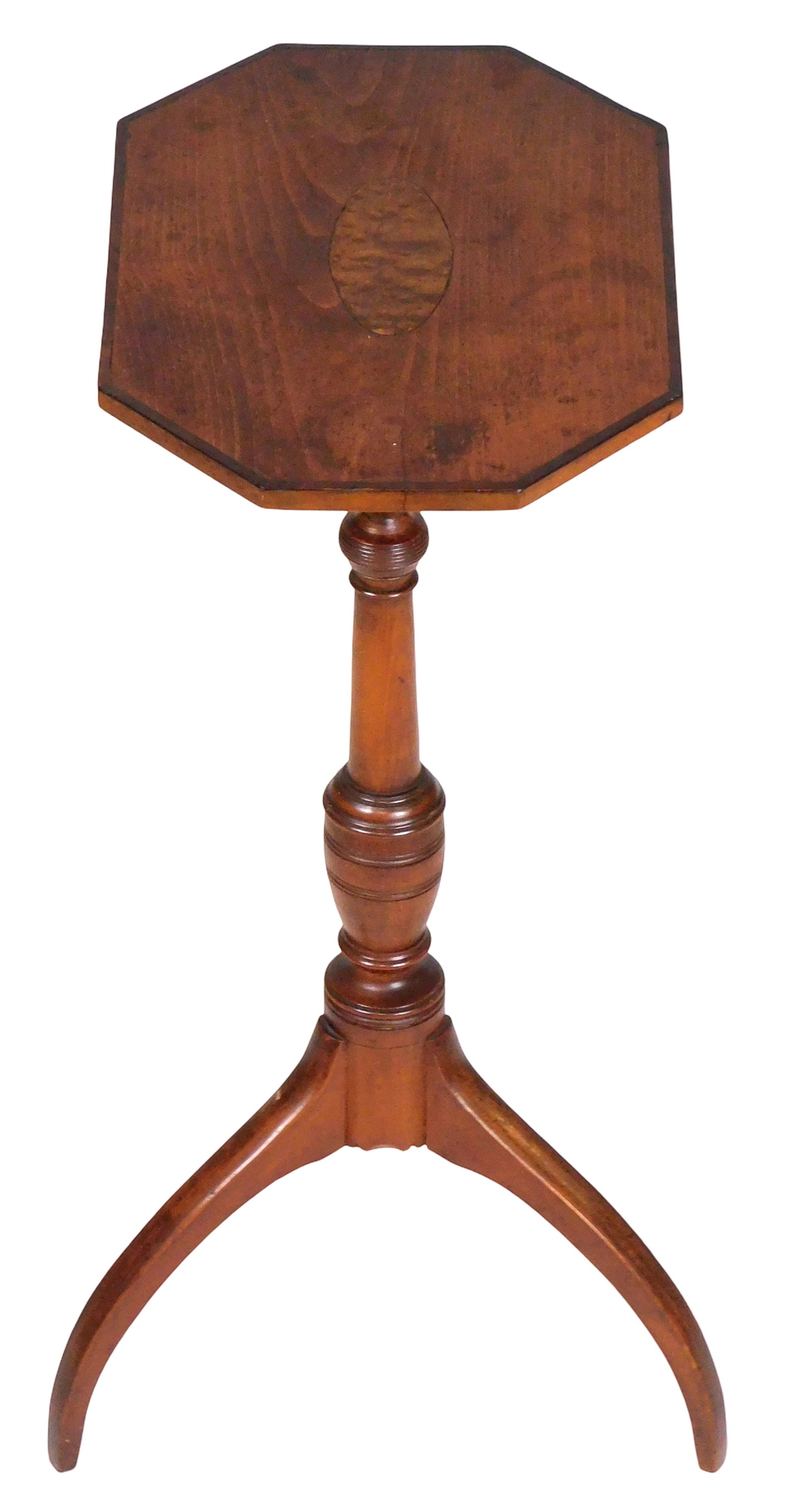 Candlestand, 19th C., American, maple and pine, oblong top, cut corners with banding, center oval (1 of 3)