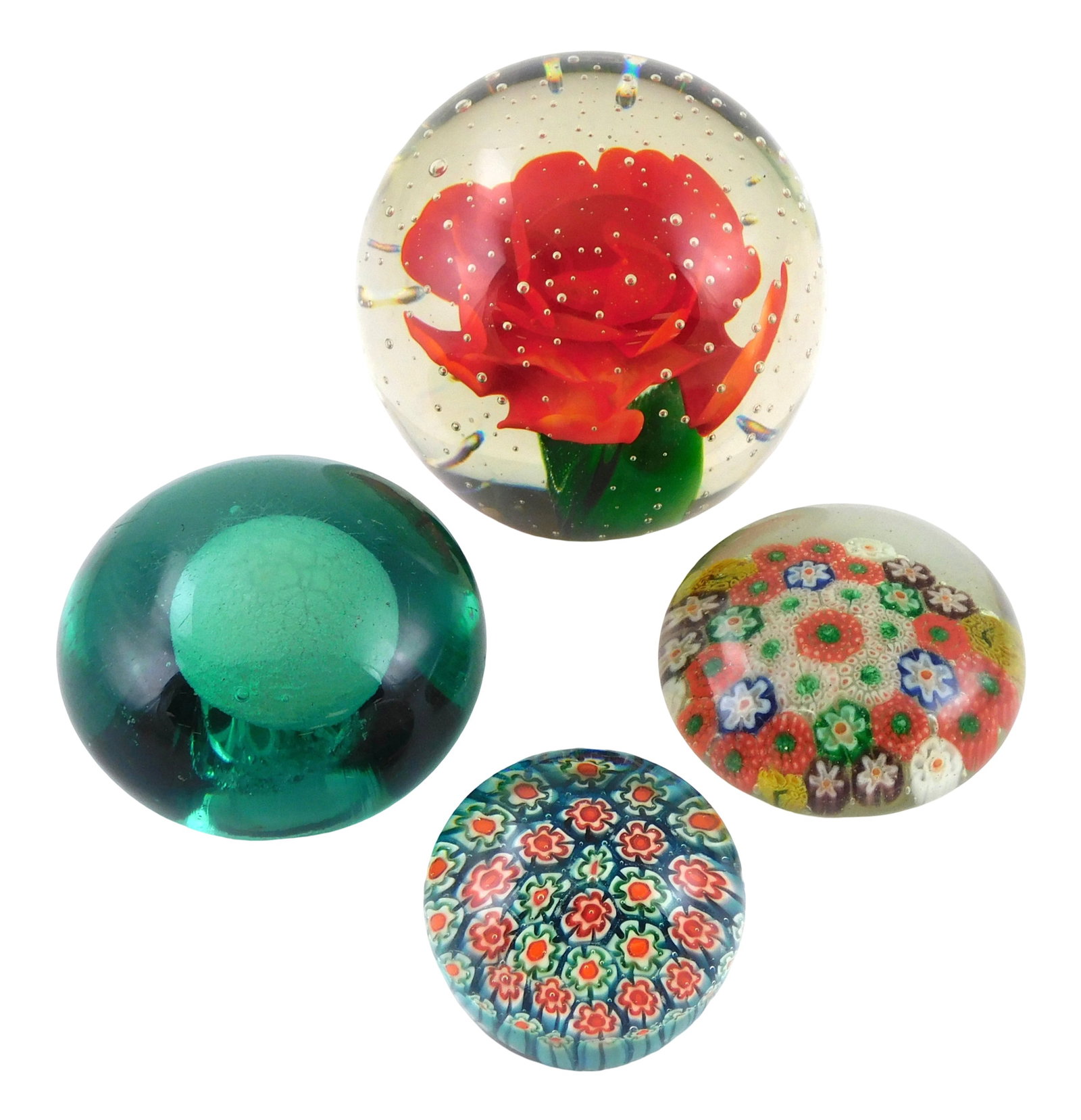 ART GLASS: Four paperweights, 19th-20th C., all with green or red hues, no signatures viewed, pieces (1 of 3)