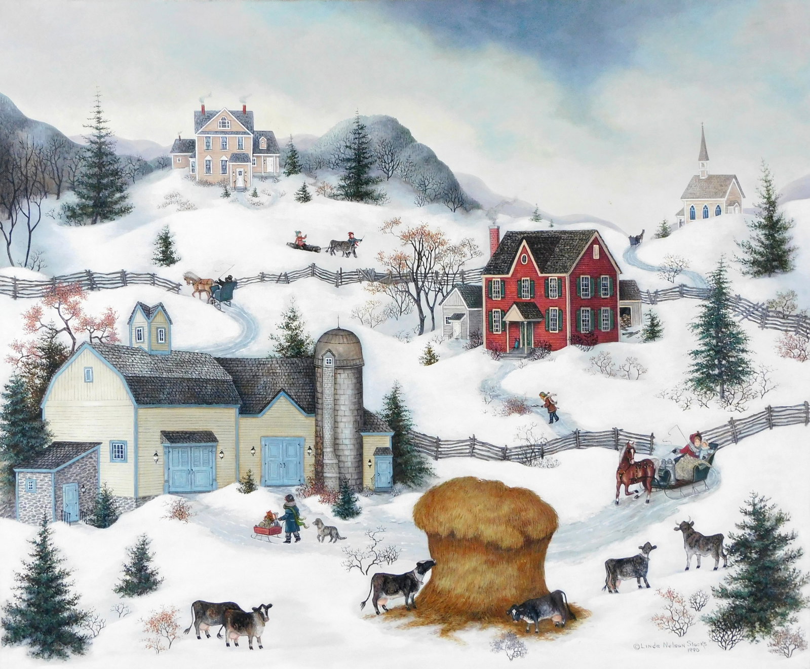 Linda Nelson Stocks (American, 1938-2011), "Haystack Repast", 1990, oil on archival canvas, depicts: Linda Nelson Stocks (American, 1938-2011), "Haystack Repast", 1990, oil on archival canvas, depicts an idyllic New England farm on a winter day, cows gather around a large stack of hay, barns and home