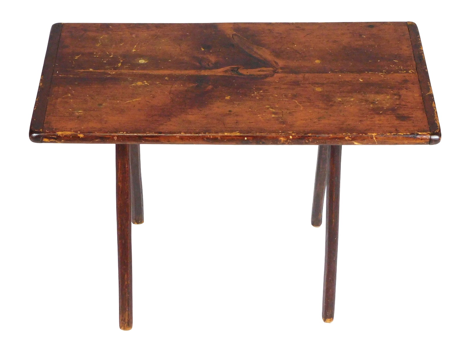 Primitive stand or table, made of old parts, pine and maple, breadboard top, top attached to bench: Primitive stand or table, made of old parts, pine and maple, breadboard top, top attached to bench component, four splayed shaved legs, all in natural wood finish, wear consistent with age and use inc