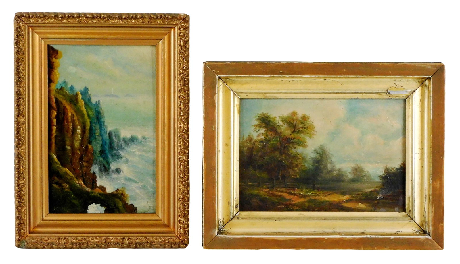 Two small 19th C. landscape paintings, both oil on board, both framed, details include: one: Two small 19th C. landscape paintings, both oil on board, both framed, details include: one seascape, cliffsides with choppy ocean below, distant lighthouse, small stone arch to bottom, unidentified s