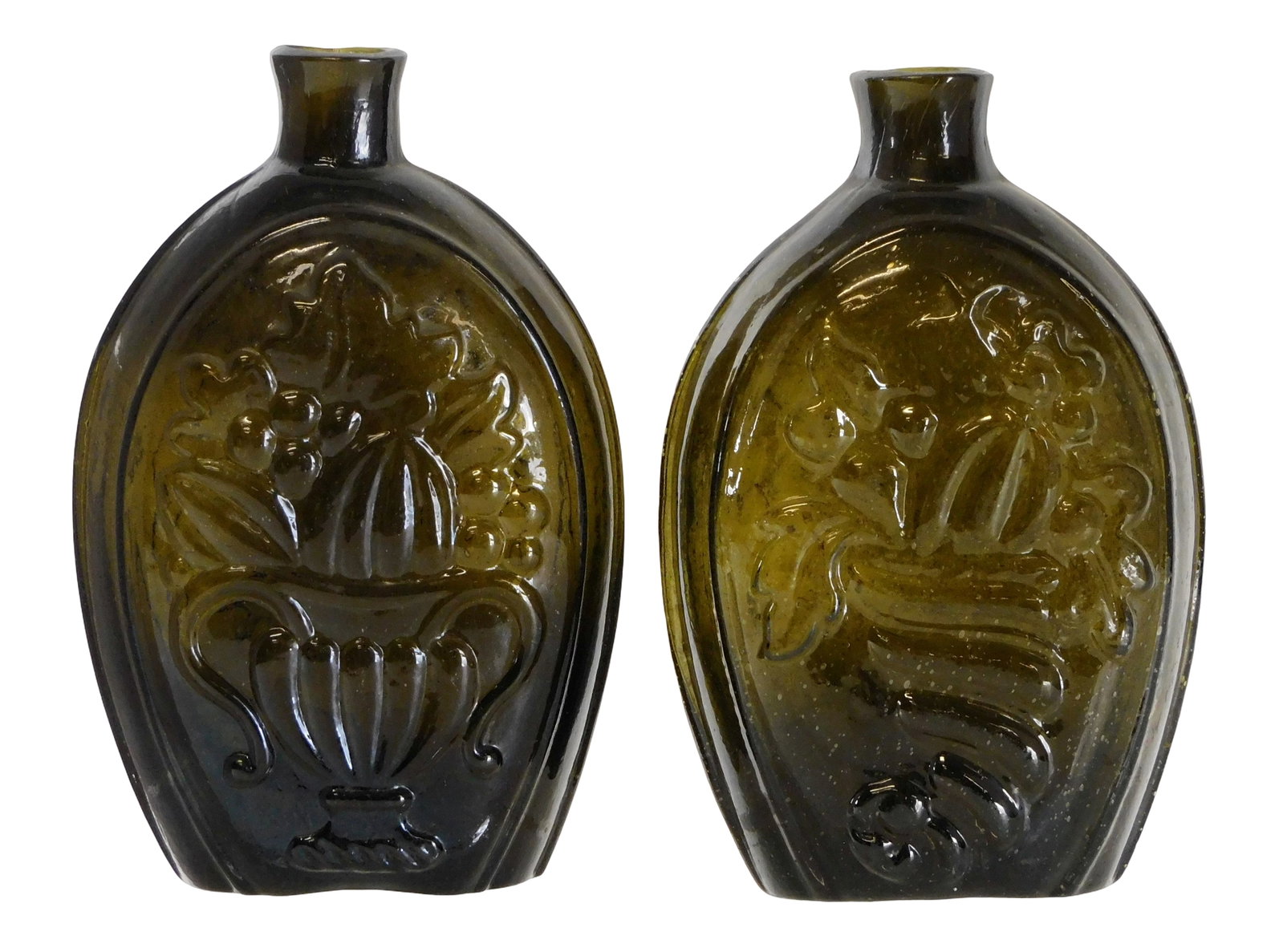 GLASS: Two cornucopia and urn pictural half-pint flasks, first half 19th C., Connecticut, Coventry (1 of 5)