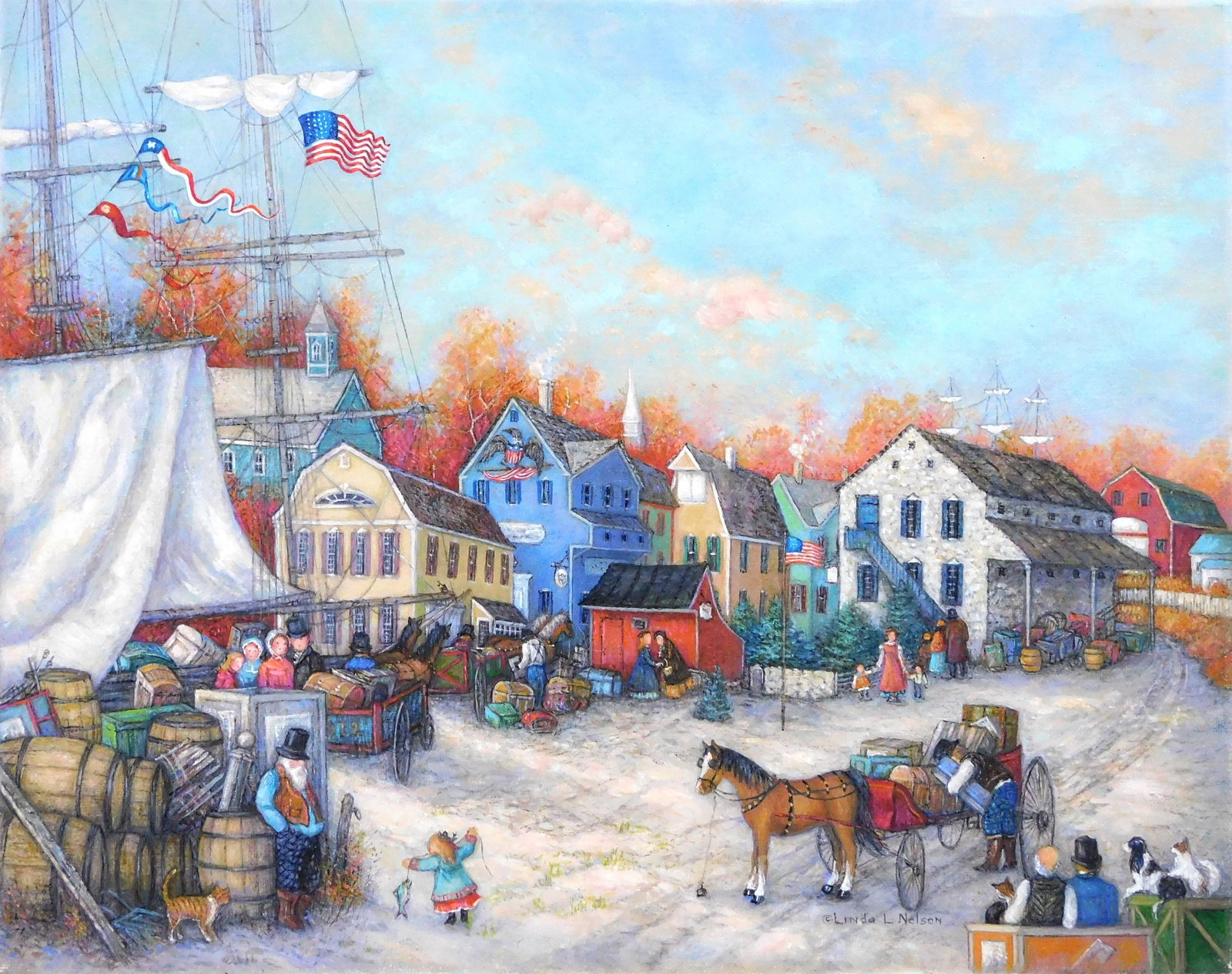 Linda Nelson Stocks (American, 1938-2011), Untitled (Fall on the Harbor), undated, oil on canvas,: Linda Nelson Stocks (American, 1938-2011), Untitled (Fall on the Harbor), undated, oil on canvas, depicts a New England harbor town lined with shops, sails from boats behind buildings, people and anim