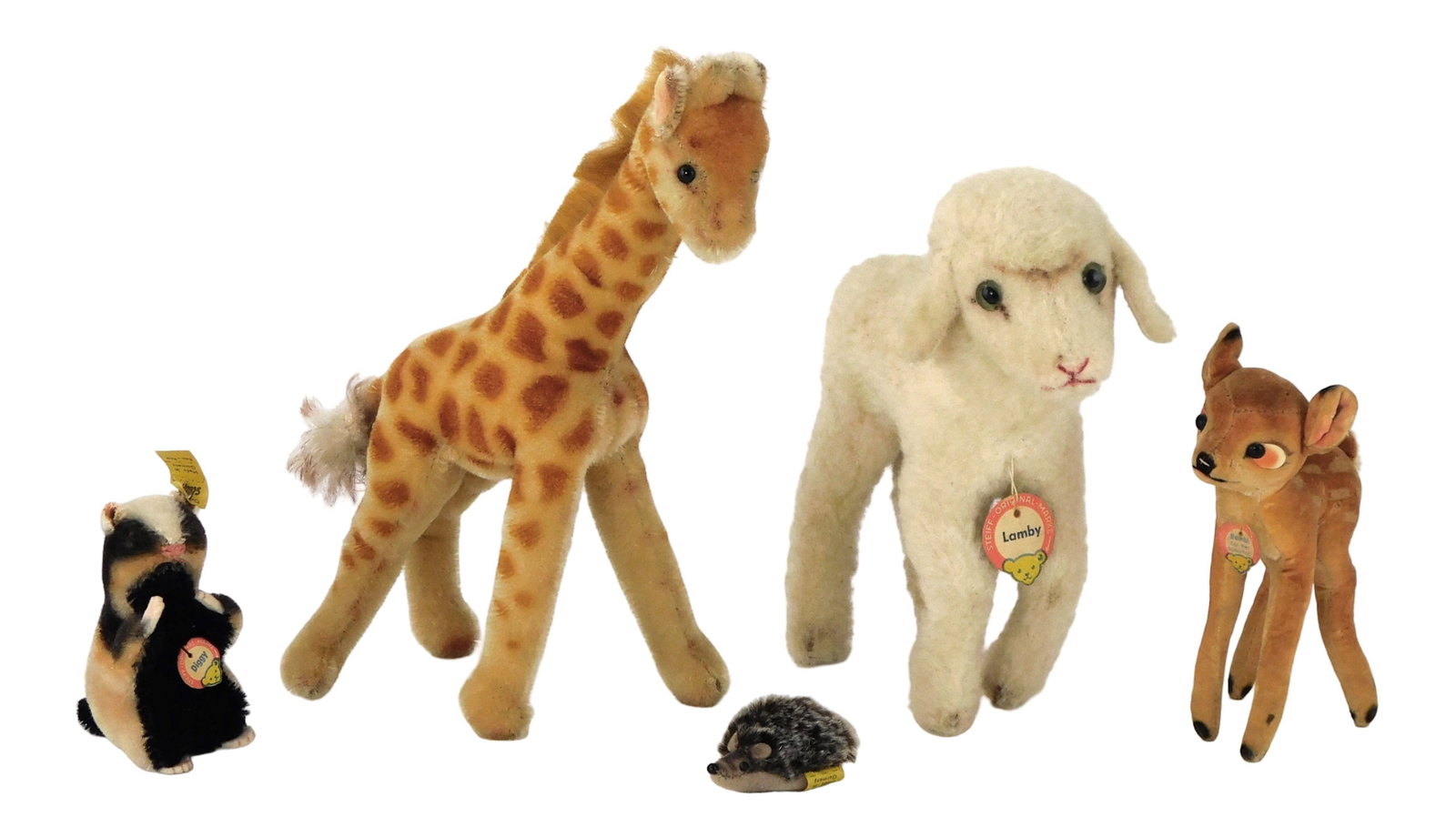 TOYS: Five Steiff animals, 20th C., all with tags except giraffe, details include: "Lamby", paper (1 of 7)