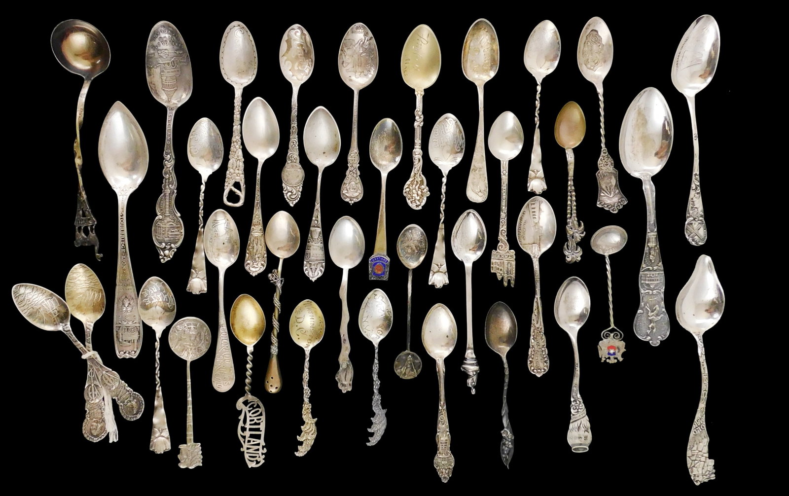 SILVER: 35+ Souvenir spoons, most stamped sterling, five stamped '800', locations of interest (1 of 3)
