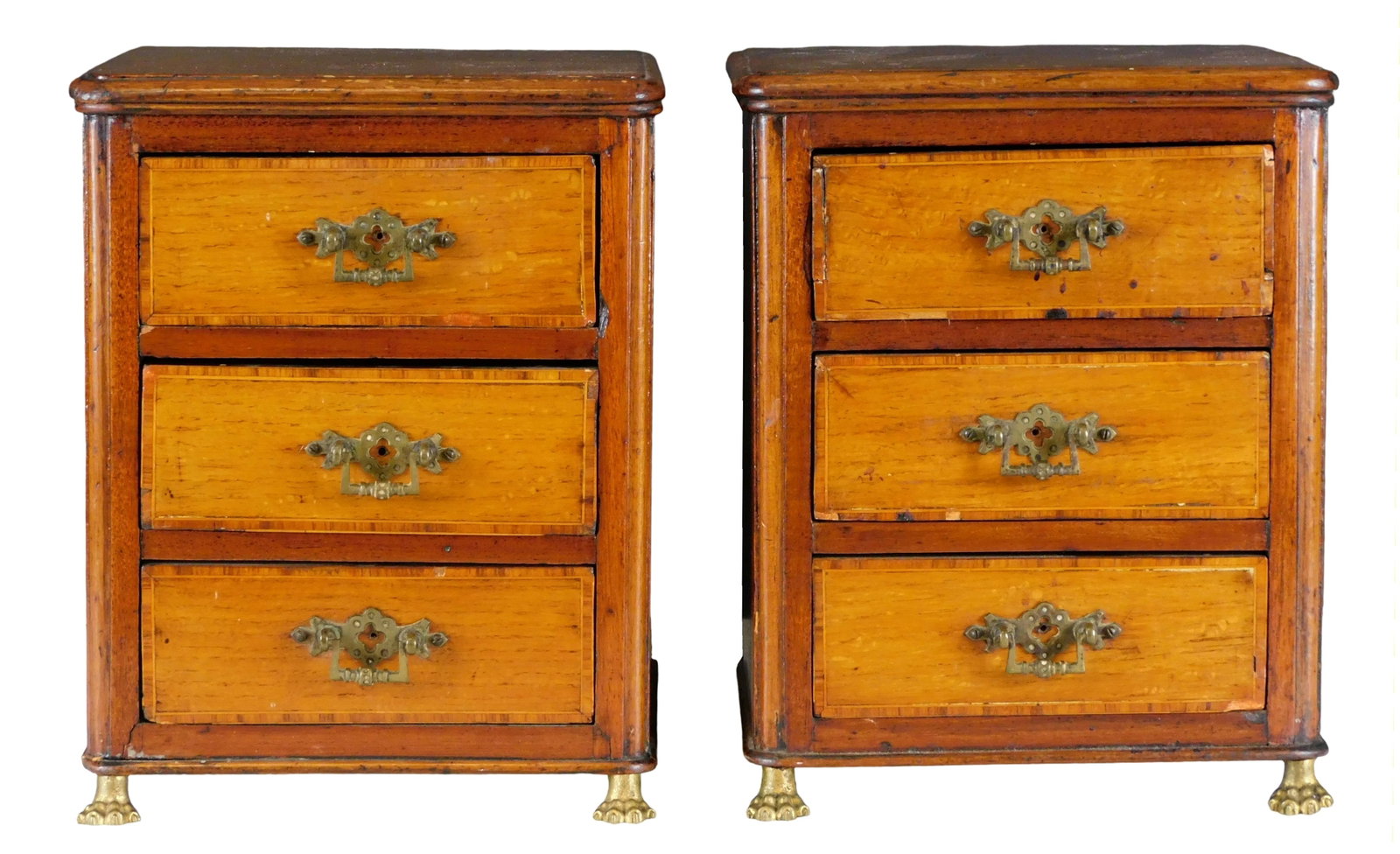 Pair of miniature chest of drawers, late 19th- early 20th C., mahogany chest with three vertically (1 of 5)