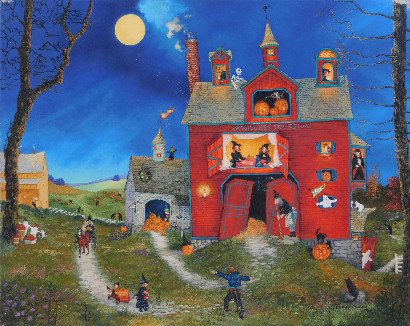 Linda Nelson Stocks (American, 1938-2011), "The Witches Tea Room", 1998, depicts a large red: Linda Nelson Stocks (American, 1938-2011), "The Witches Tea Room", 1998, depicts a large red Victorian house or barn, open barn doors on upper level showing tea party inside, pumpkins, witches, ghosts