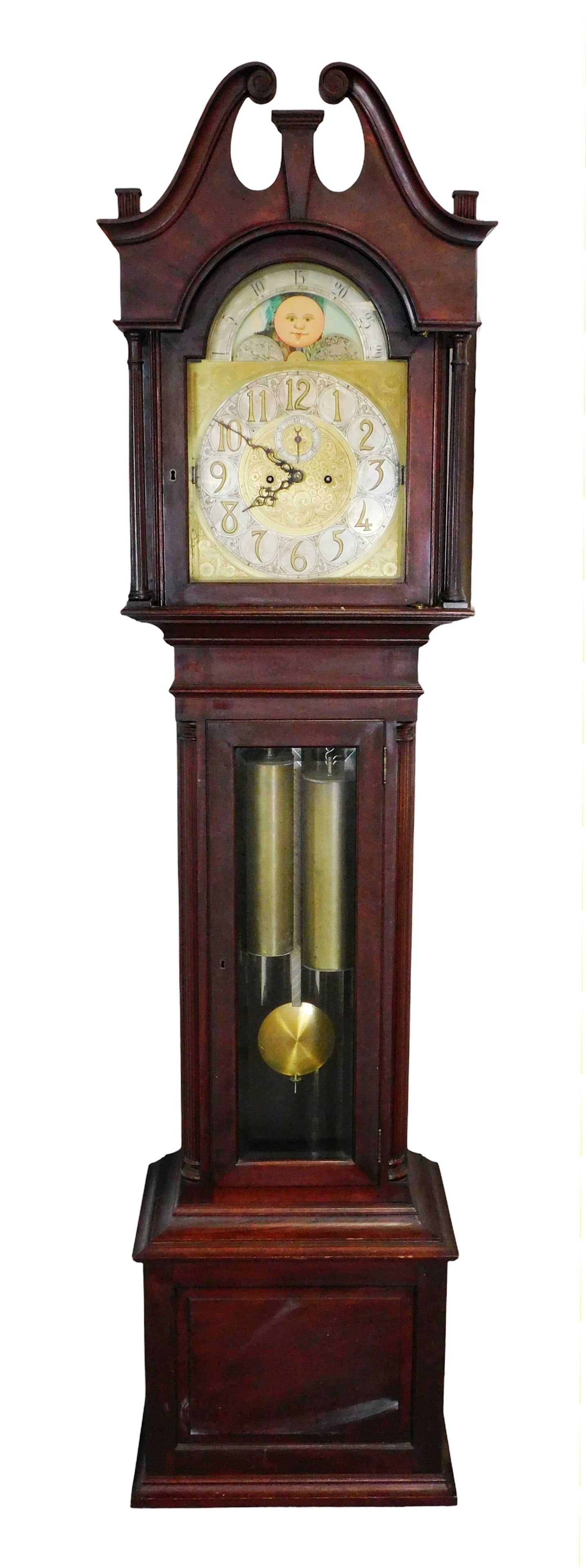 +CLOCK: Grandfathers chiming & striking clock, late 19th- early 20th C., English or American, brass: +CLOCK: Grandfathers chiming & striking clock, late 19th- early 20th C., English or American, brass face with moon dial, glass door in trunk, five tubes, feet detached, missing finials, brass pendulum