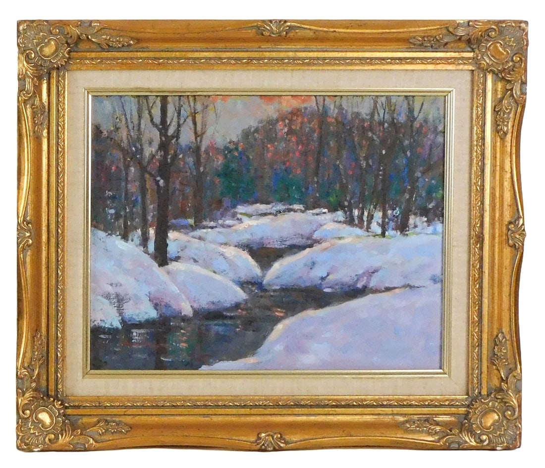 20th C. oil on canvas of winter scene, sun falls lightly on snow in forest with stream running (1 of 4)