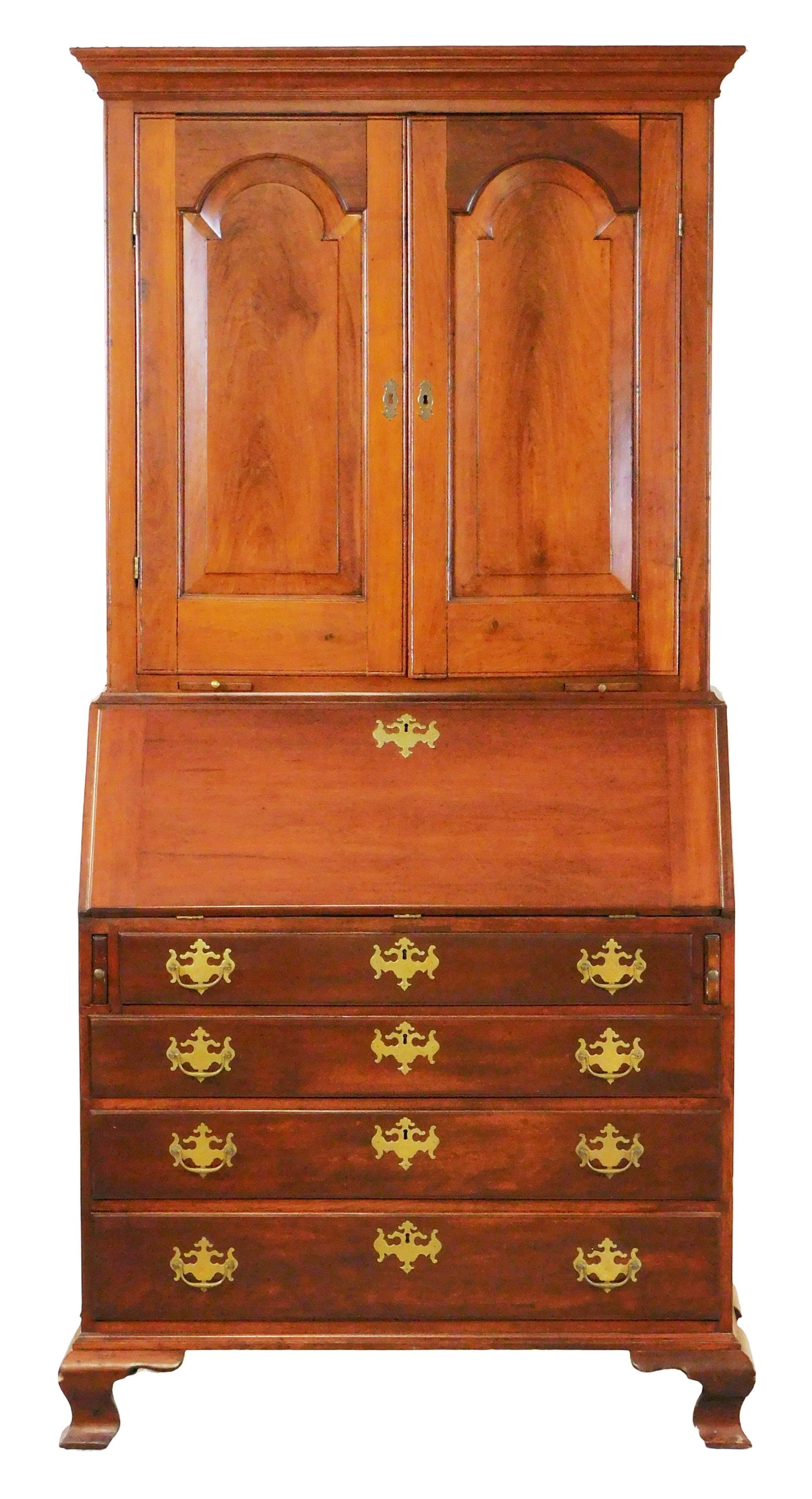 Connecticut desk with bookcase, 18th C., New London County, cherry and chestnut, bookcase with flat: Connecticut desk with bookcase, 18th C., New London County, cherry and chestnut, bookcase with flat top, large double cove crest molding over two arched panel, beaded doors opening to two shelves abov