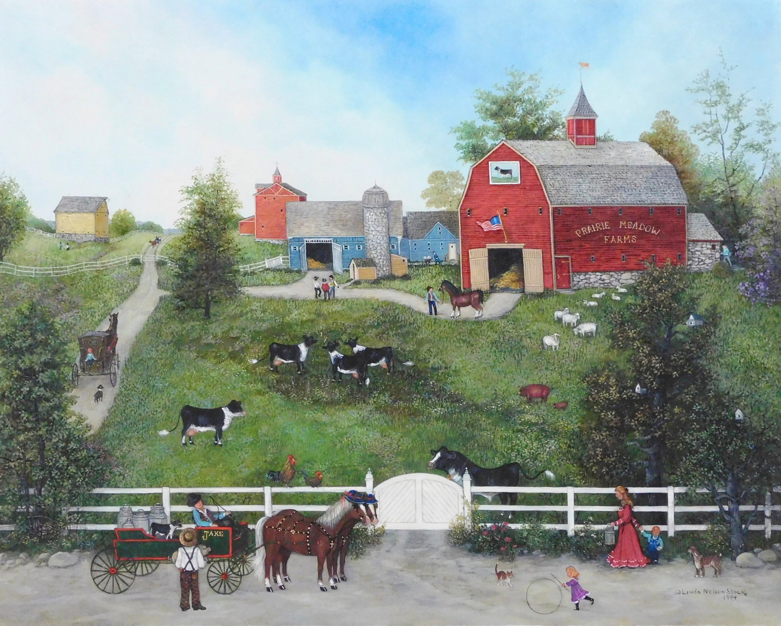 Linda Nelson Stocks (American, 1938-2011), "Prairie Meadow Farms", 1994, oil on archival canvas,: Linda Nelson Stocks (American, 1938-2011), "Prairie Meadow Farms", 1994, oil on archival canvas, depicts a New England dairy farm, 'Jake' drives a horse drawn carriage filled with milk bottles, field 