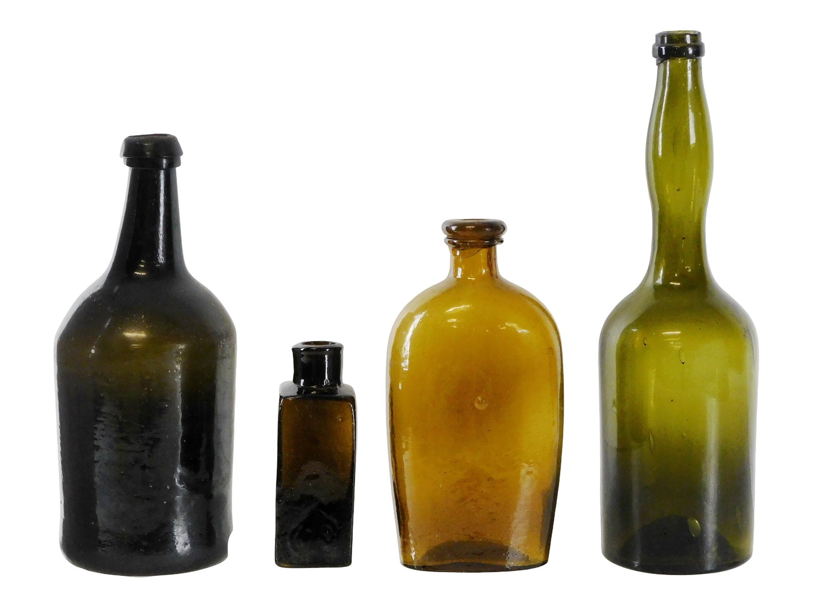 GLASS: Early alcohol and blacking bottles, four pieces, mid 19th C., some with pontils, details (1 of 6)