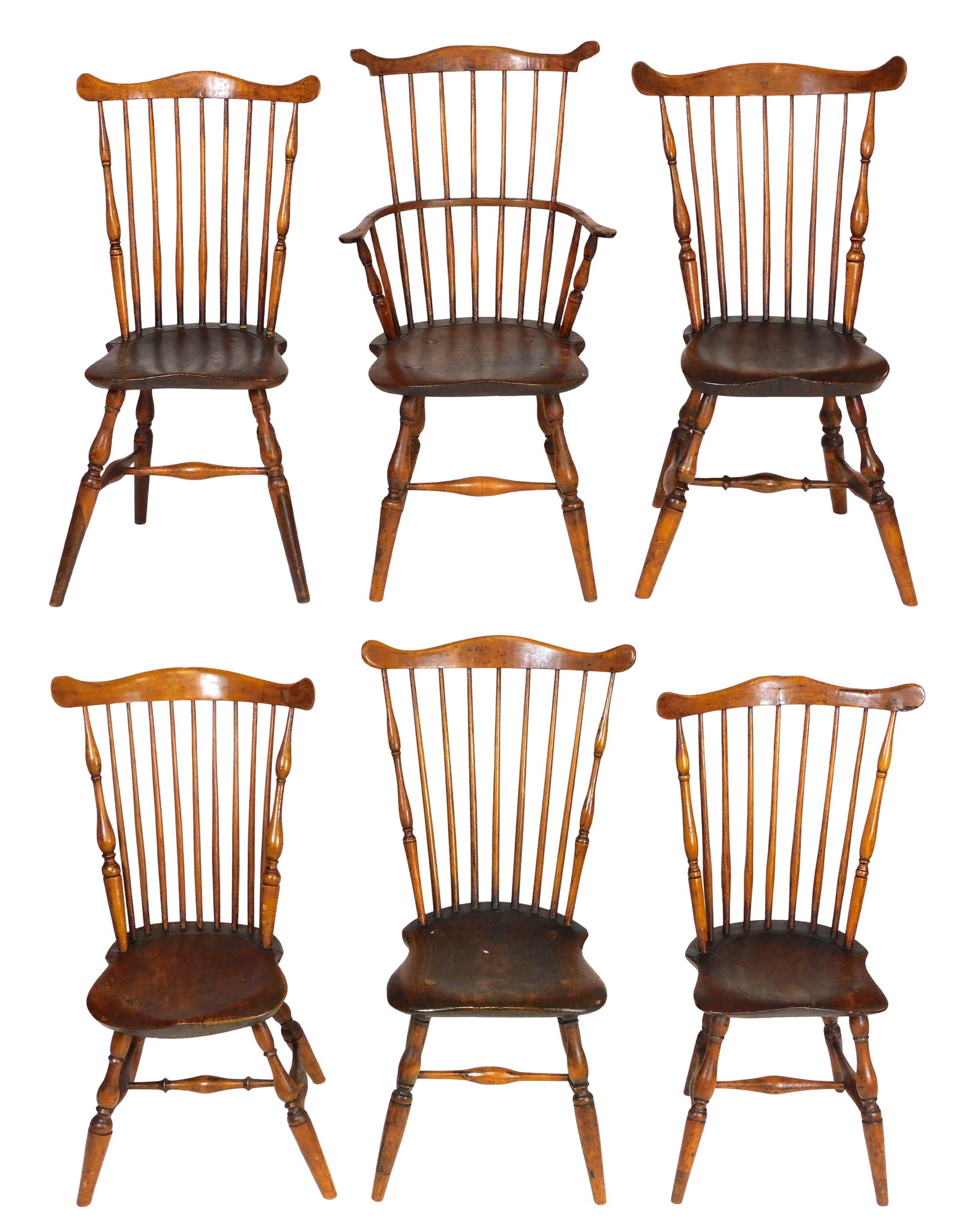 Six Windsor fan-back chairs, 18th- 19th C., likely Connecticut, maple and ash, natural finish, (1 of 10)