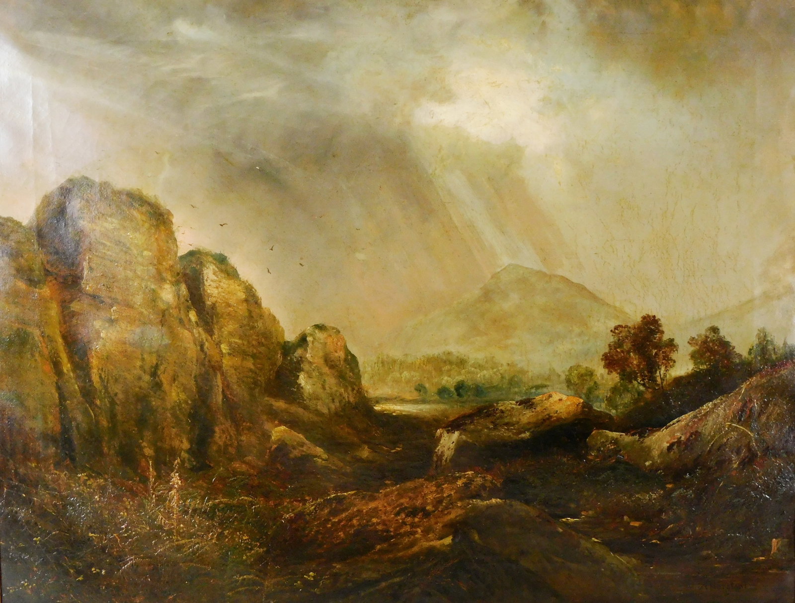 19th C. Traditional landscape, oil on canvas, featuring rocky hills next to waterfall, with birds: 19th C. Traditional landscape, oil on canvas, featuring rocky hills next to waterfall, with birds and trees, bears the signature "A. Bierstadt", framed, wear consistent with age including repairs, cra